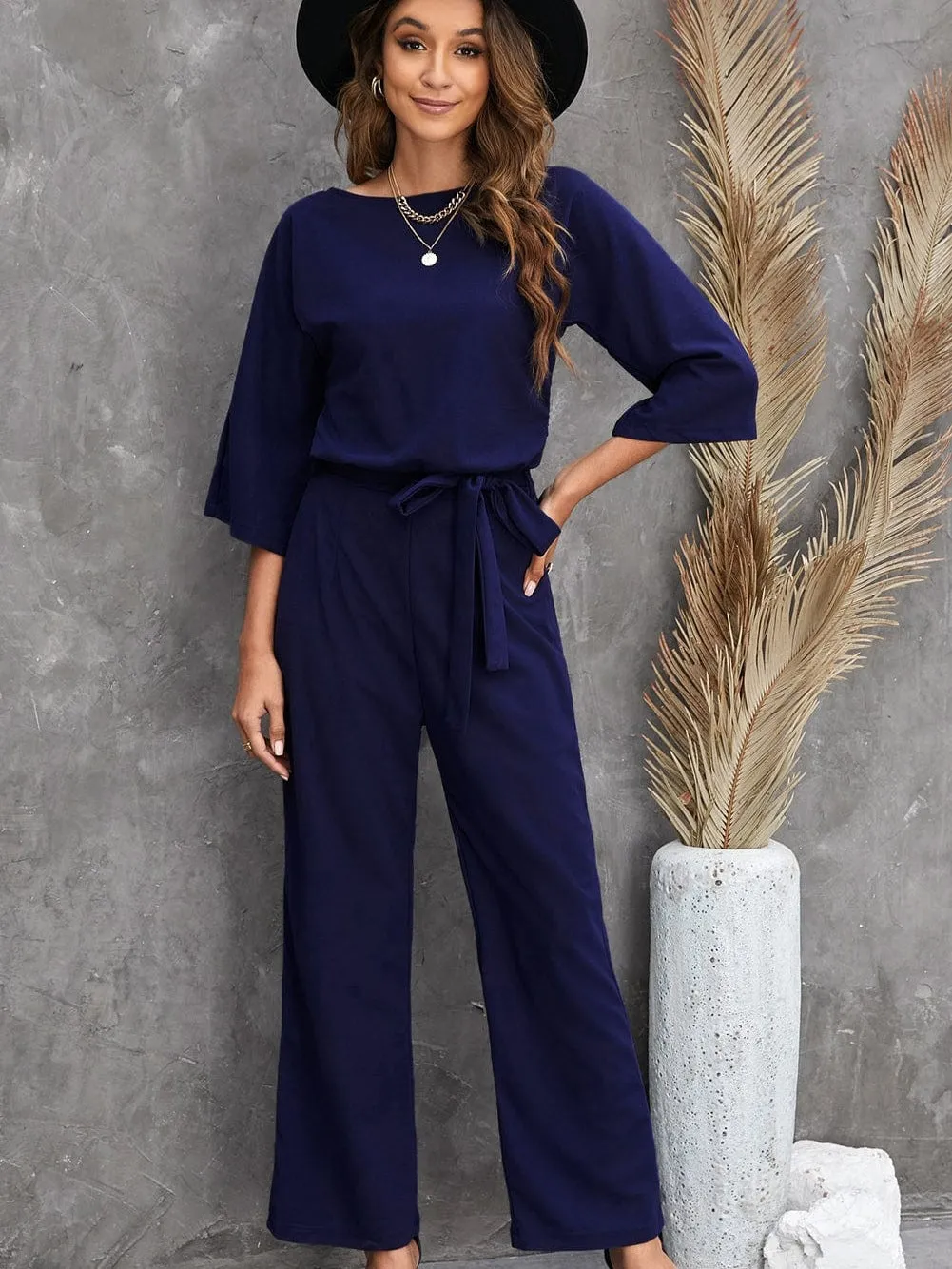 Blue Wide Leg Jumpsuit with Waist Tie and Bracelet Sleeves