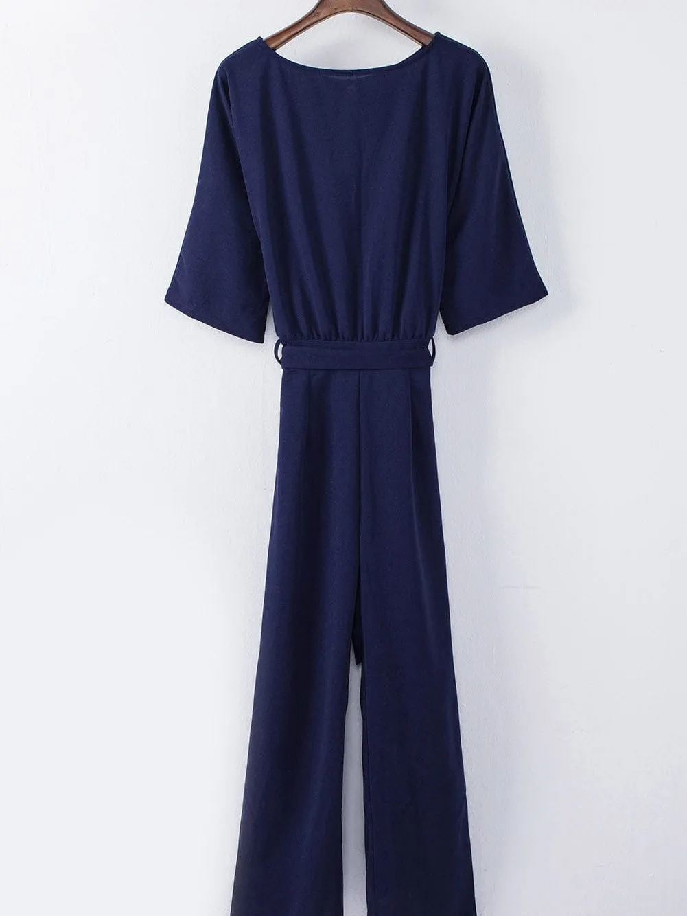 Blue Wide Leg Jumpsuit with Waist Tie and Bracelet Sleeves