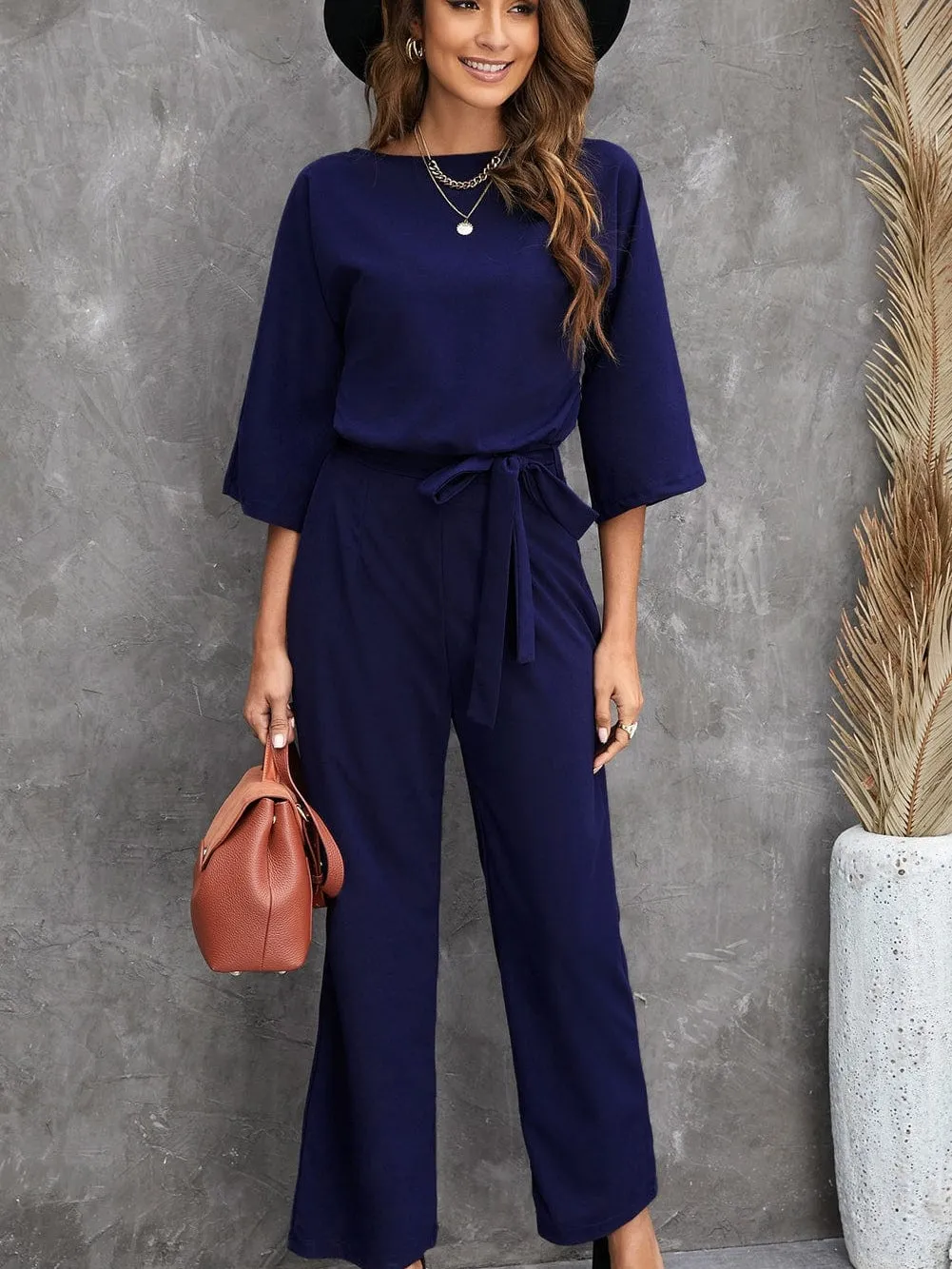 Blue Wide Leg Jumpsuit with Waist Tie and Bracelet Sleeves