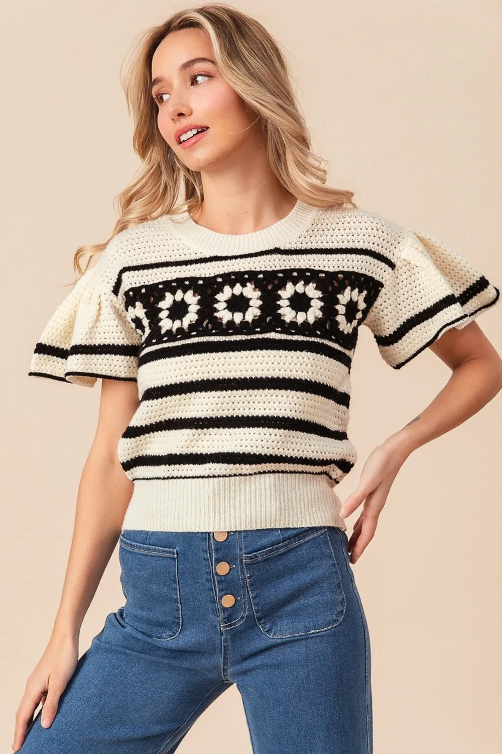 Blue Zone Planet |  BiBi Granny Square Short Sleeve Striped Sweater