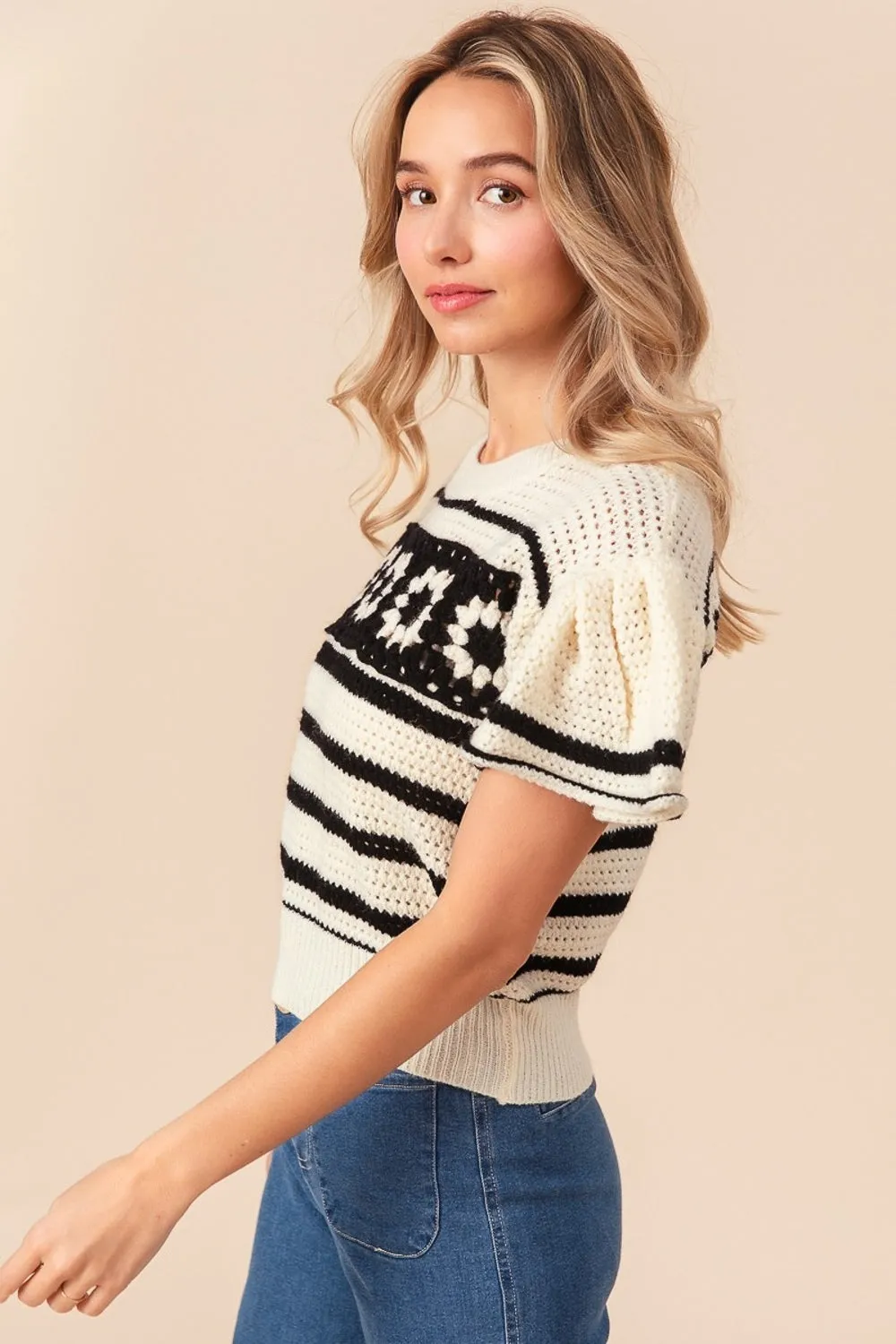 Blue Zone Planet |  BiBi Granny Square Short Sleeve Striped Sweater