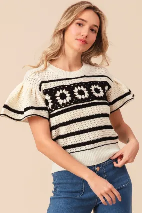 Blue Zone Planet |  BiBi Granny Square Short Sleeve Striped Sweater