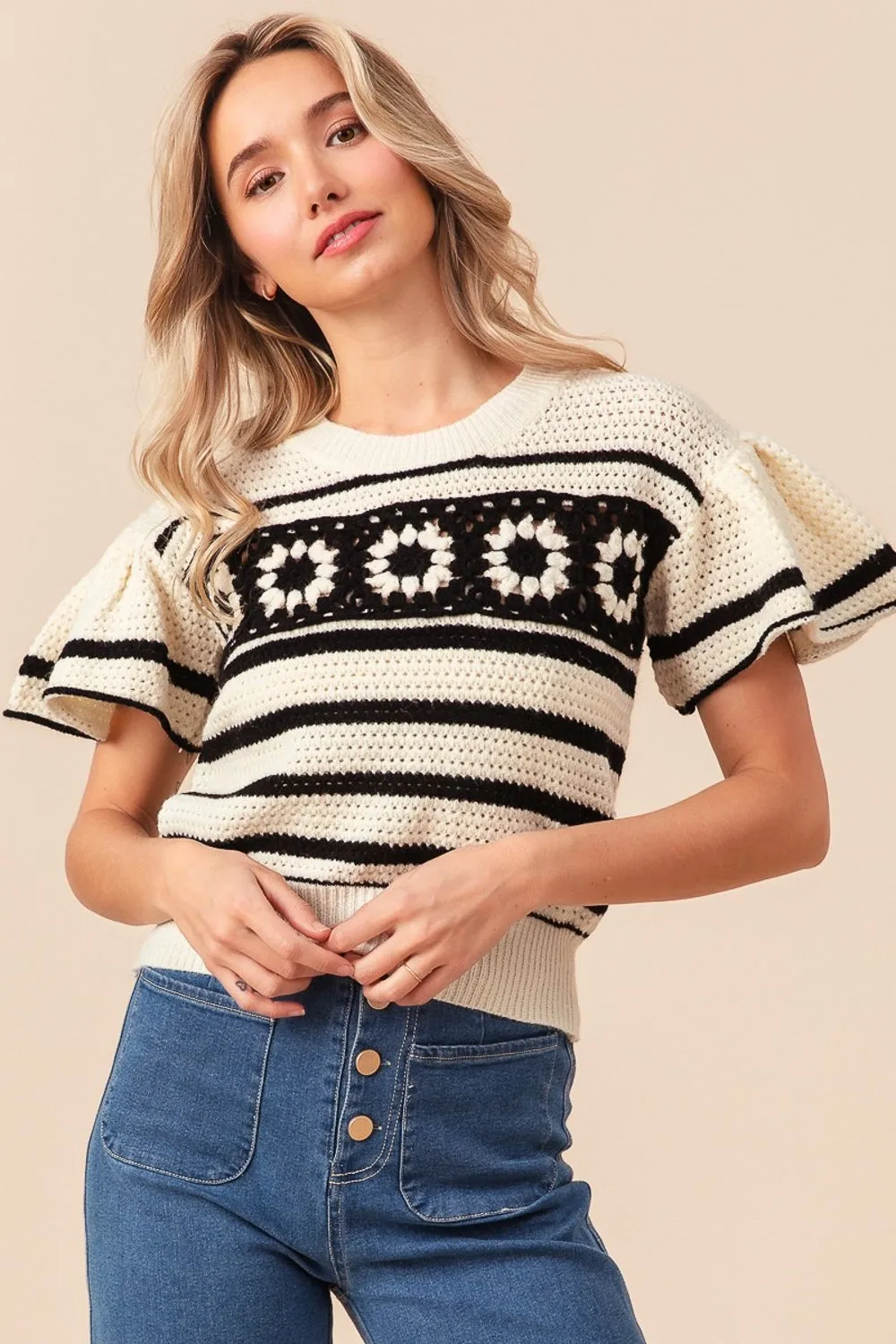 Blue Zone Planet |  BiBi Granny Square Short Sleeve Striped Sweater