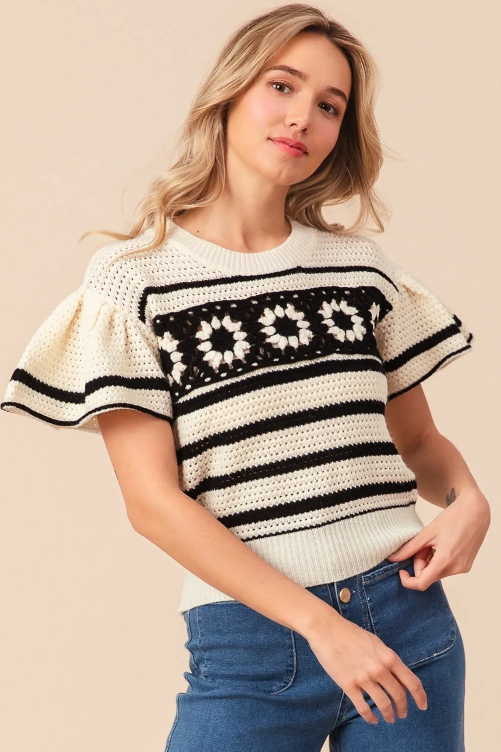 Blue Zone Planet |  BiBi Granny Square Short Sleeve Striped Sweater