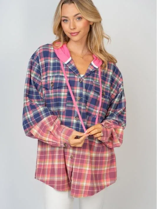 Blueberry Long Sleeve Plaid Hoodie