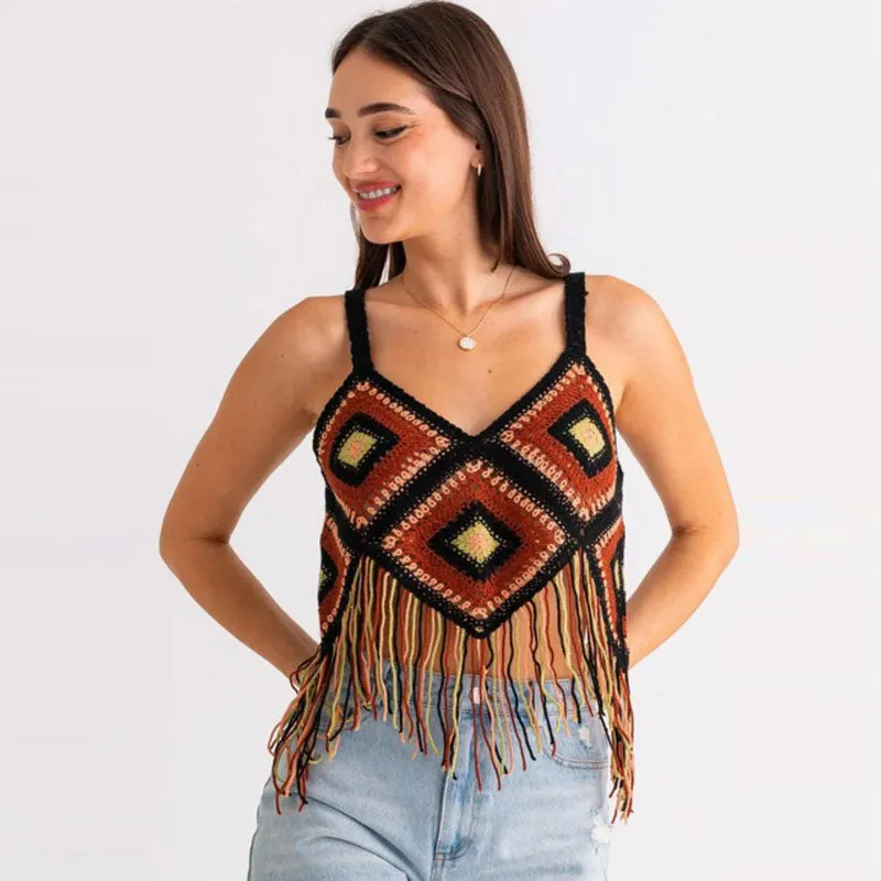 Boho Tassel Trim V Neck Suspender Strap Granny Square Black Crochet Knit Top