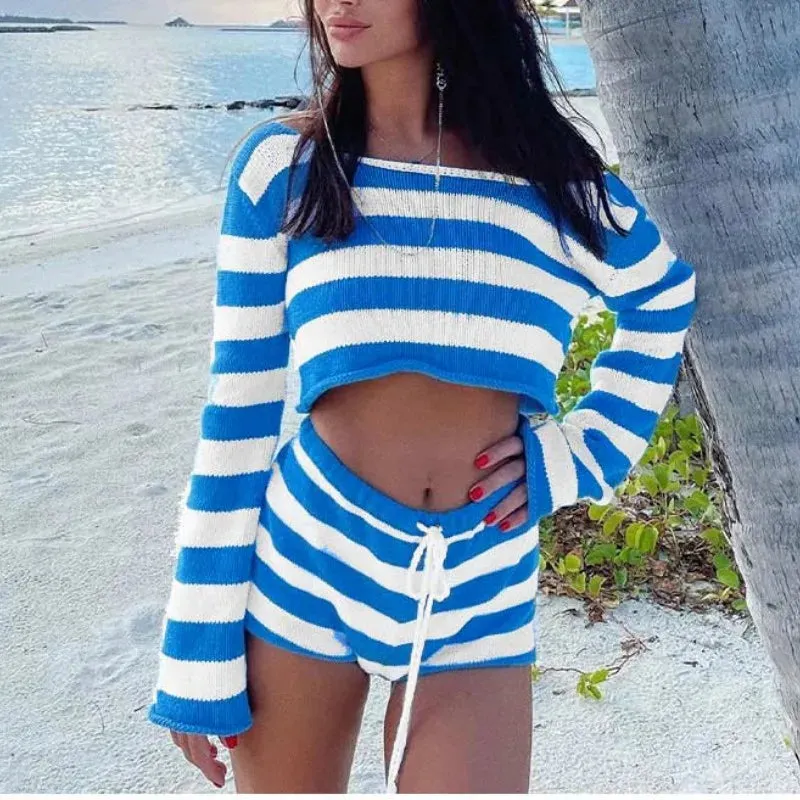 Bring The Heat Knit Stripe Crop Top & Shorts Set