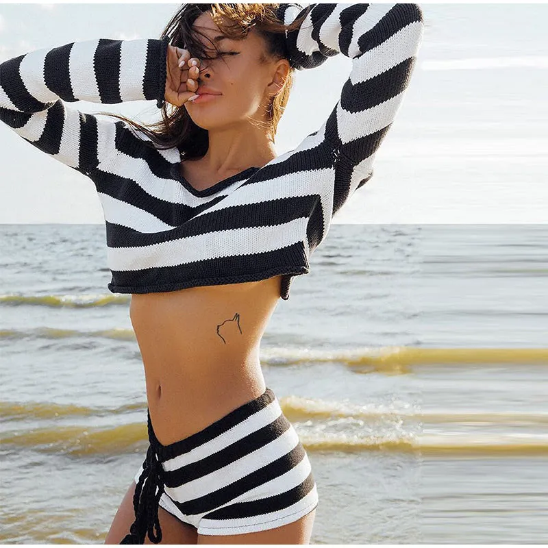 Bring The Heat Knit Stripe Crop Top & Shorts Set