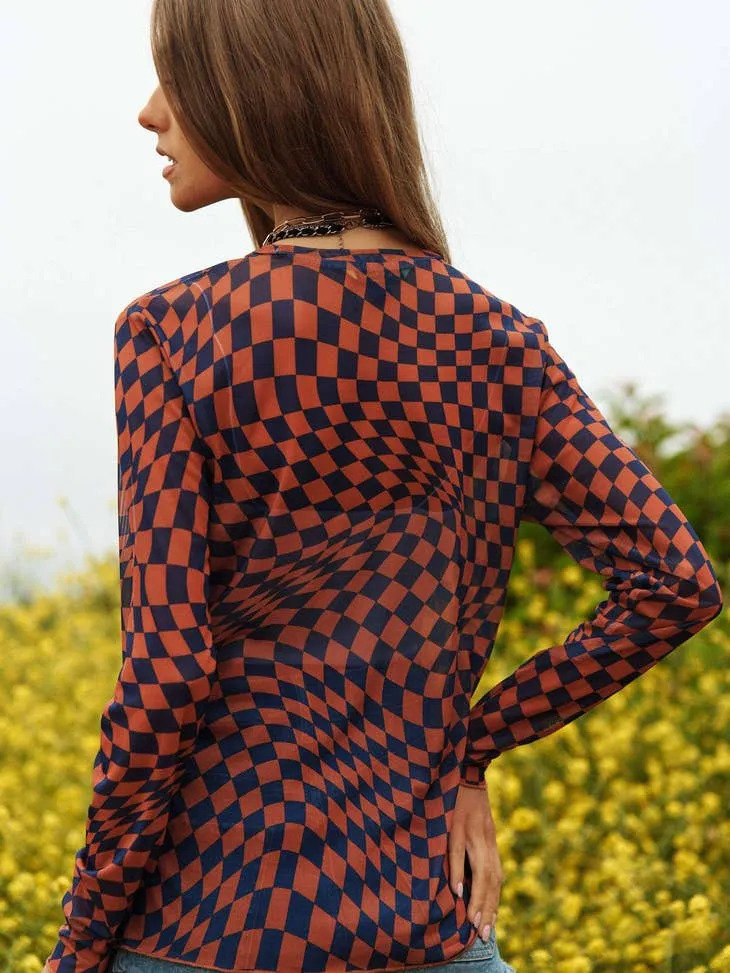 BROWN AND BLACK SHEER LONG SLEEVE CHECKERED TOP