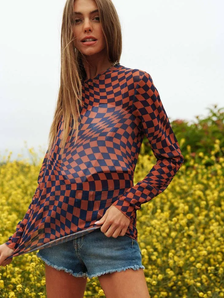 BROWN AND BLACK SHEER LONG SLEEVE CHECKERED TOP