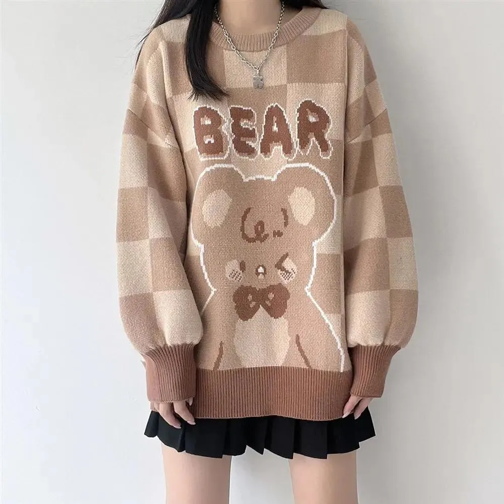 Brown Plaid Bear Knit Sweater