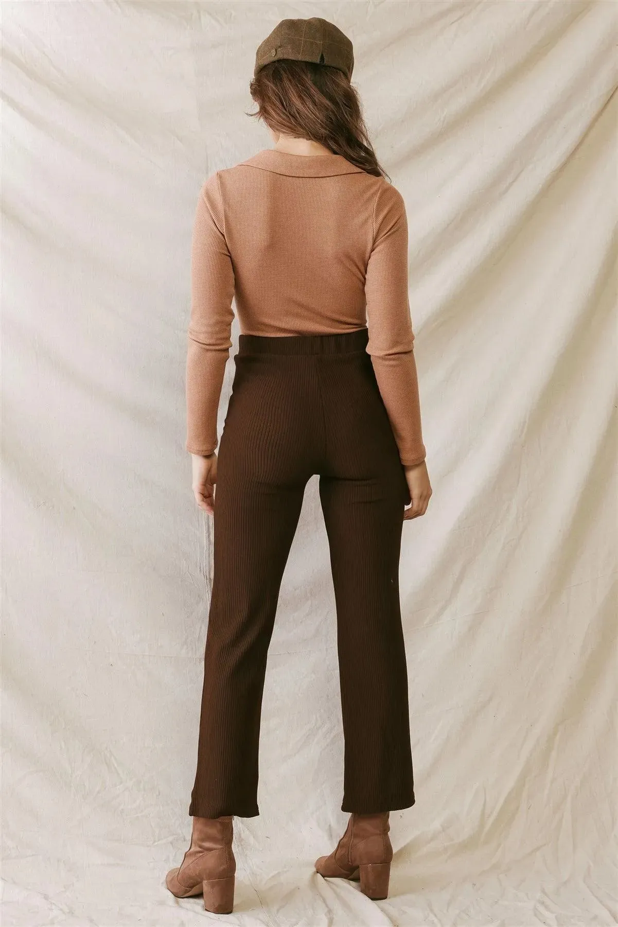 Brown Ribbed High Waist Fitted Pants /2-2-1