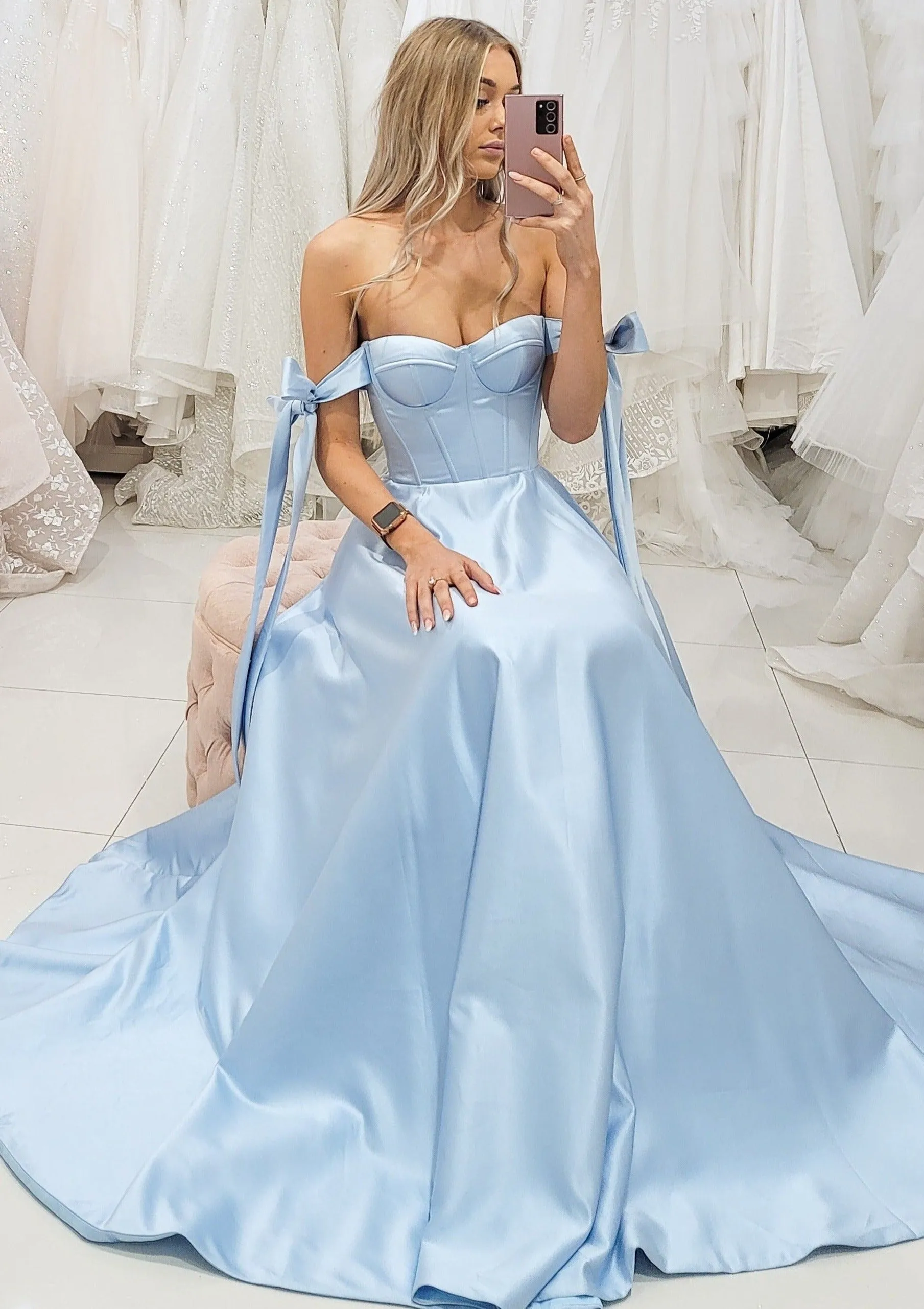 Bustier corset baby blue dress with self-tie bows