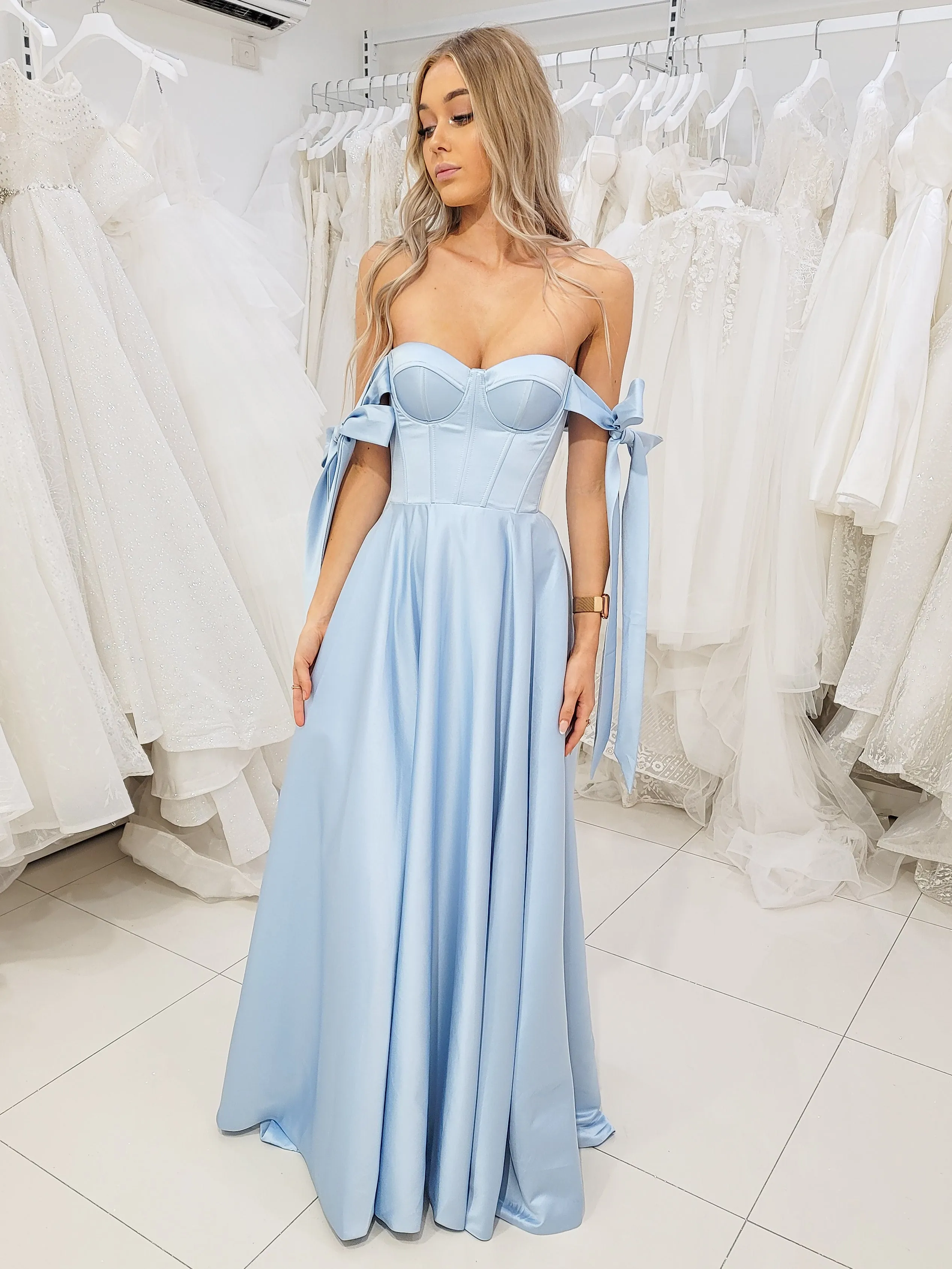 Bustier corset baby blue dress with self-tie bows