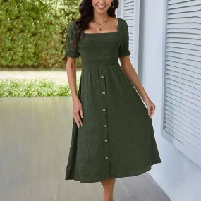 BUTTON-EMBELLISHED PLEATED DRESS_CWDSD3554