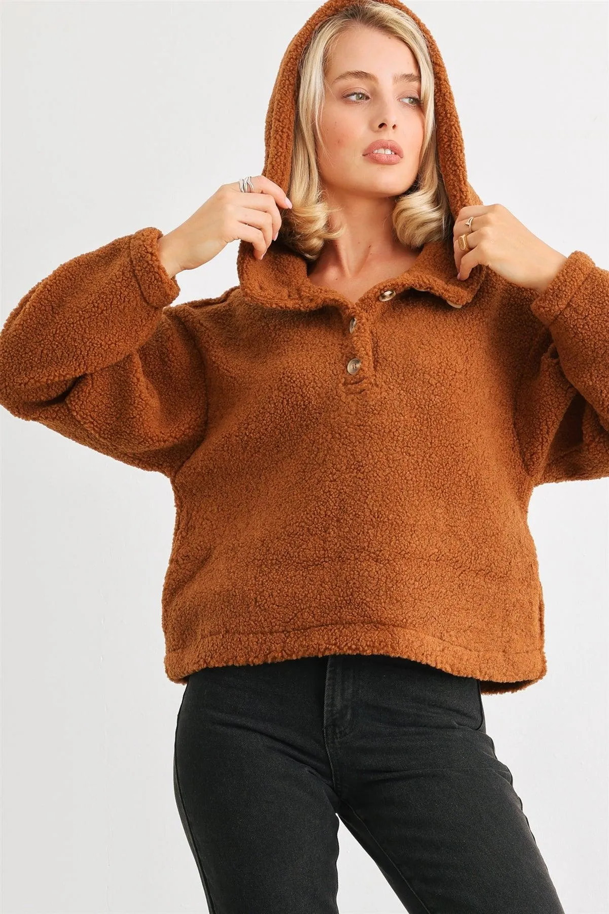 Camel Teddy Knit Button-Up Two Pocket Hooded Pullover