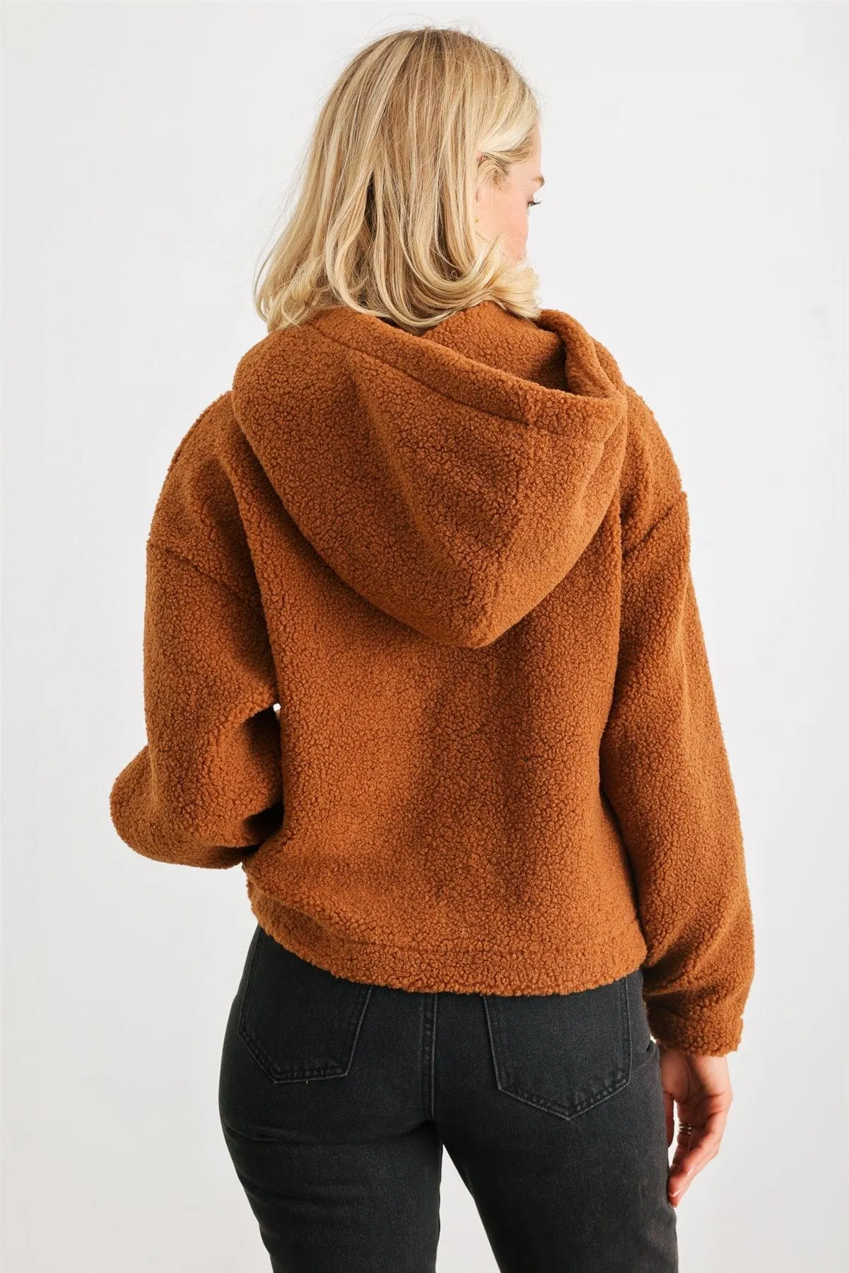 Camel Teddy Knit Button-Up Two Pocket Hooded Pullover