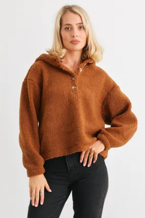 Camel Teddy Knit Button-Up Two Pocket Hooded Pullover