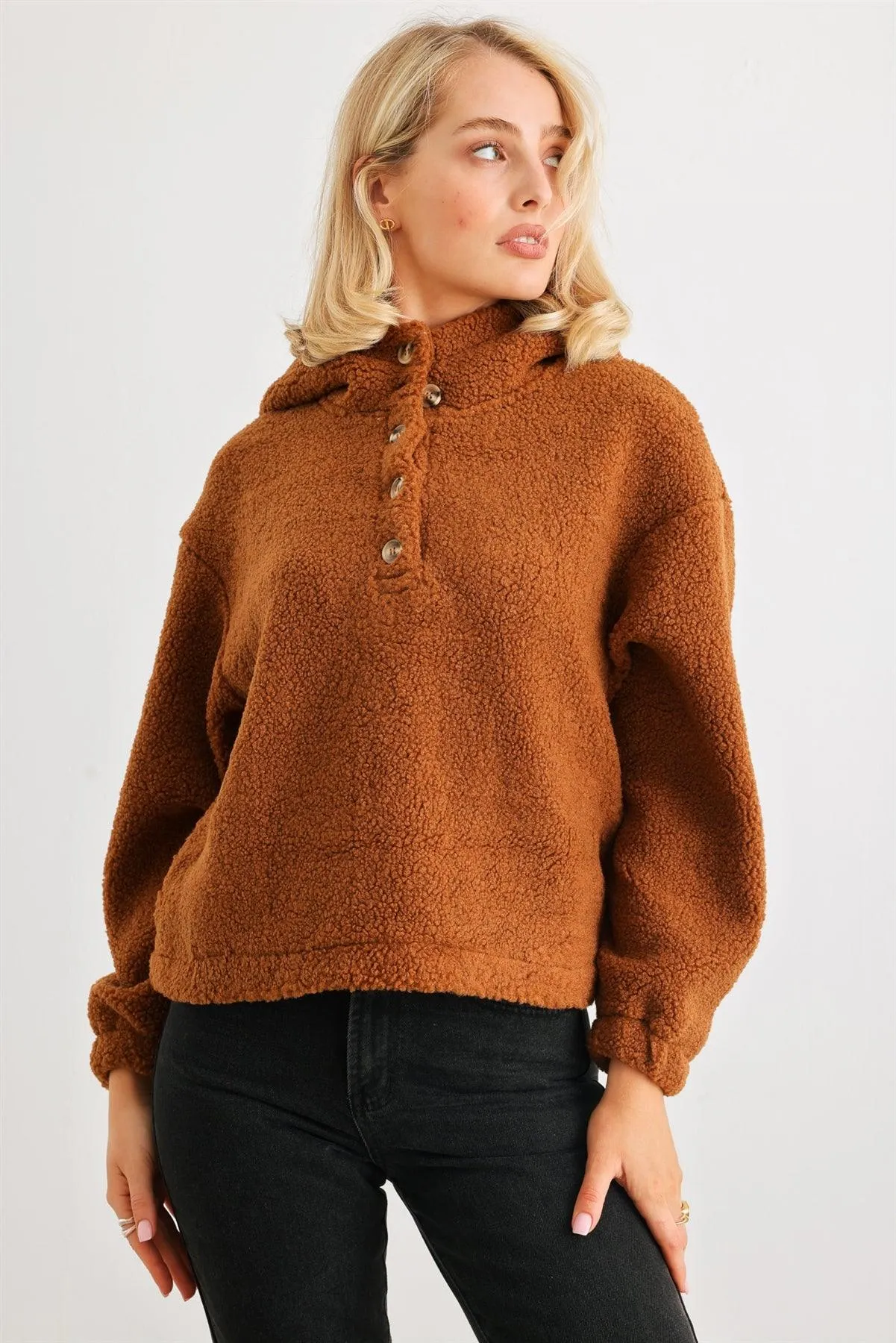 Camel Teddy Knit Button-Up Two Pocket Hooded Pullover