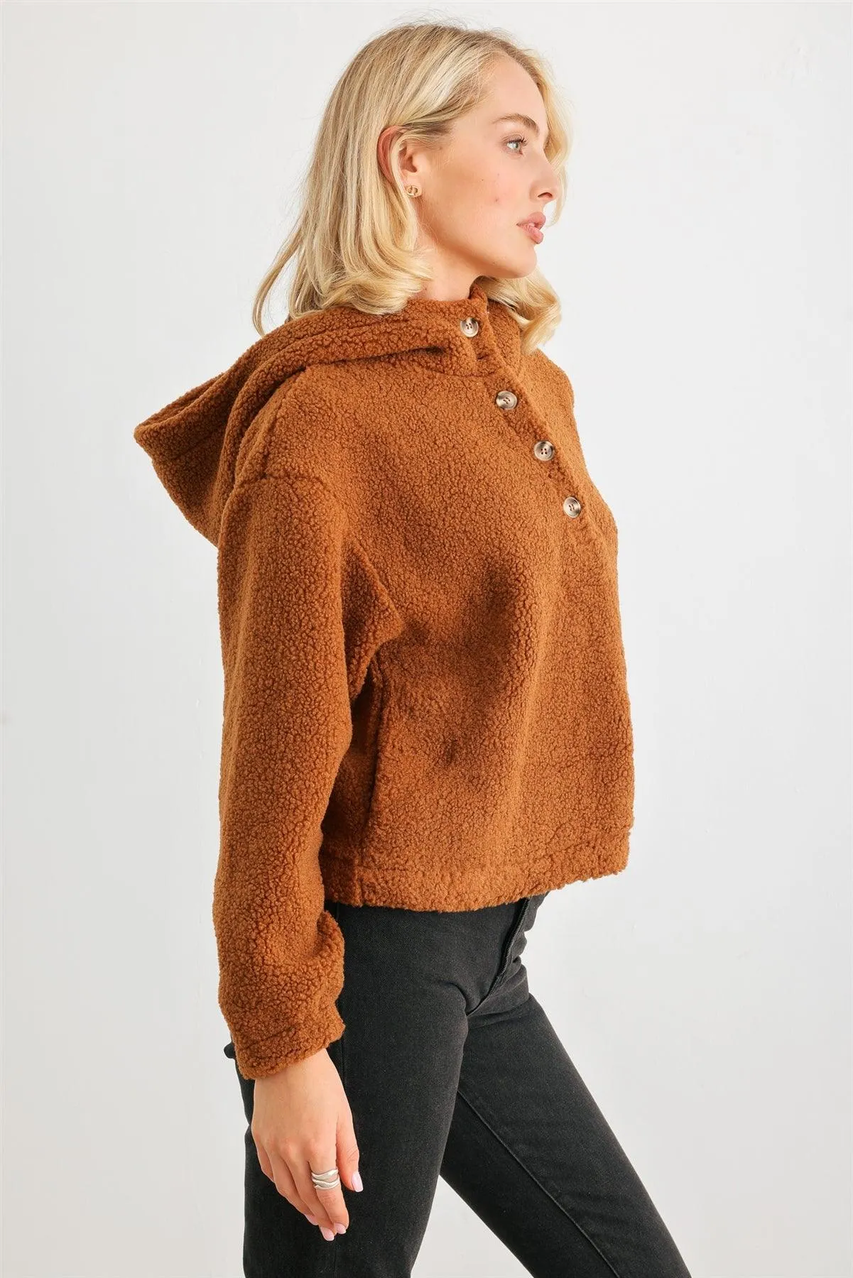 Camel Teddy Knit Button-Up Two Pocket Hooded Pullover