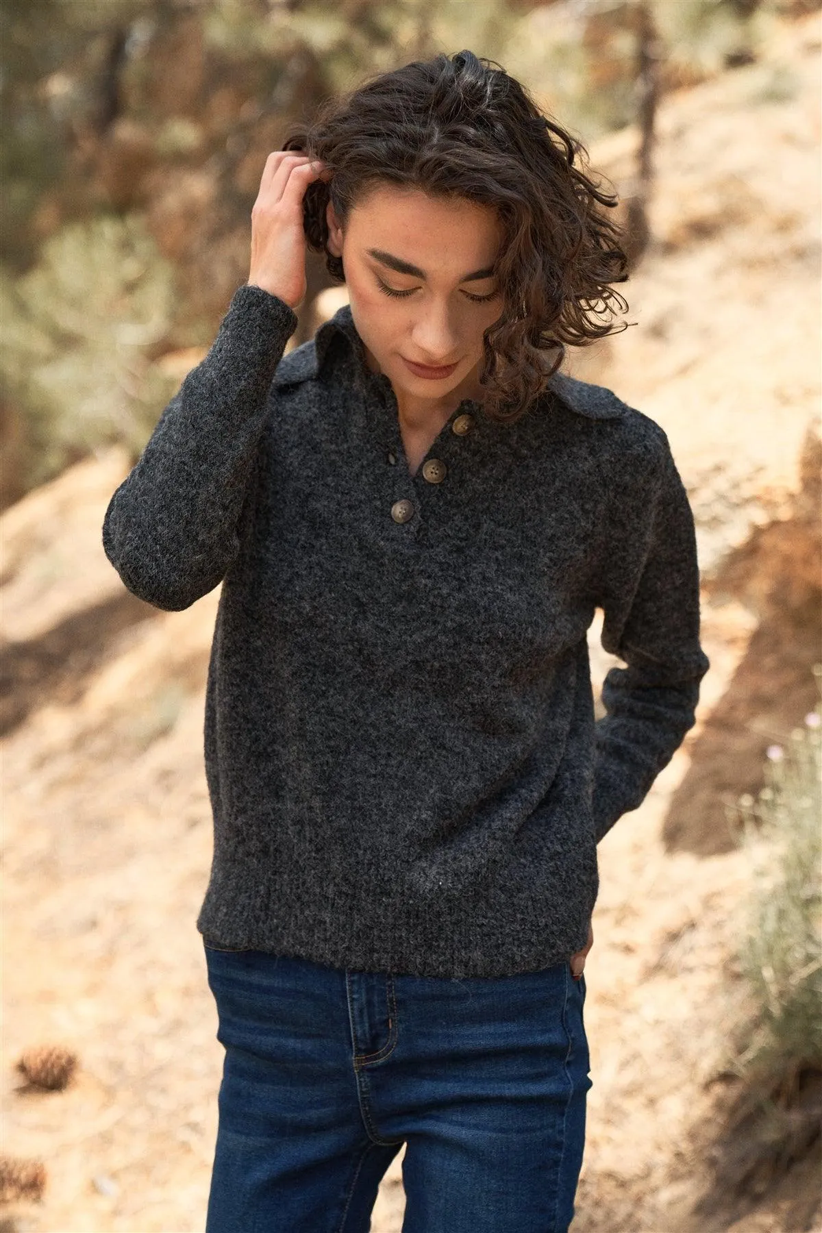 Charcoal Faux Wool Collared Neck Gauge Sweater Top