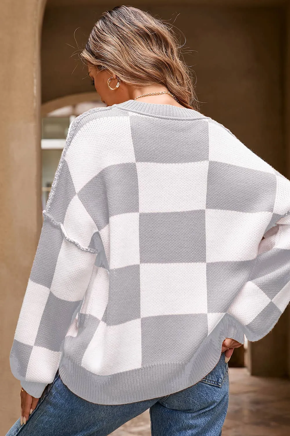 Checkered Bishop Sleeve Sweater