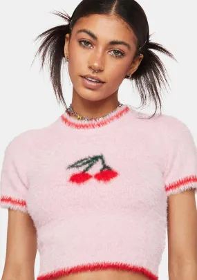 Cherry Fuzzy Crop Sweater Top