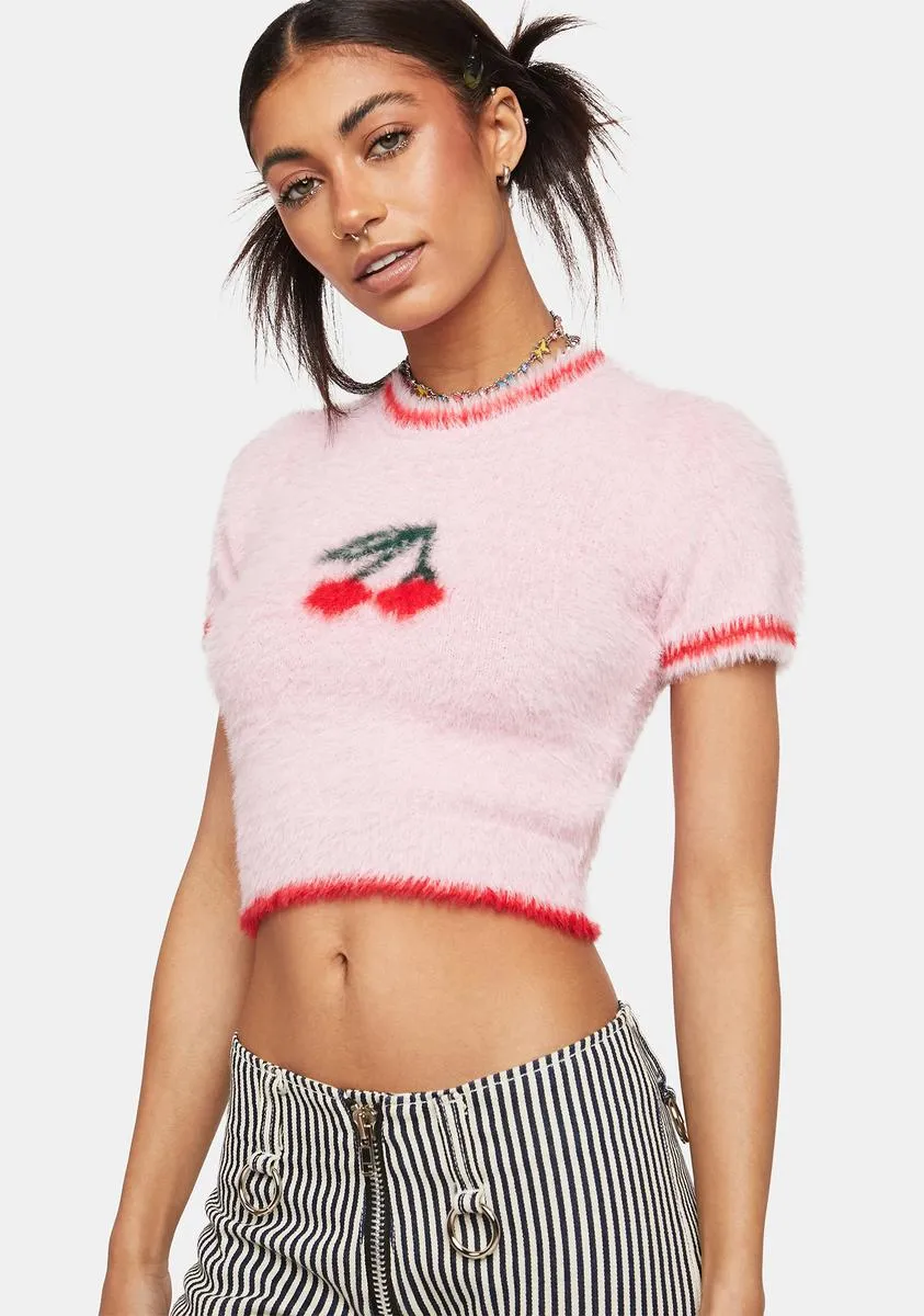 Cherry Fuzzy Crop Sweater Top