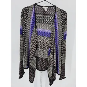 Chicos Womens Sz 1 (L) Open Front Knit Cardigan Sweater Black Purple Chevron