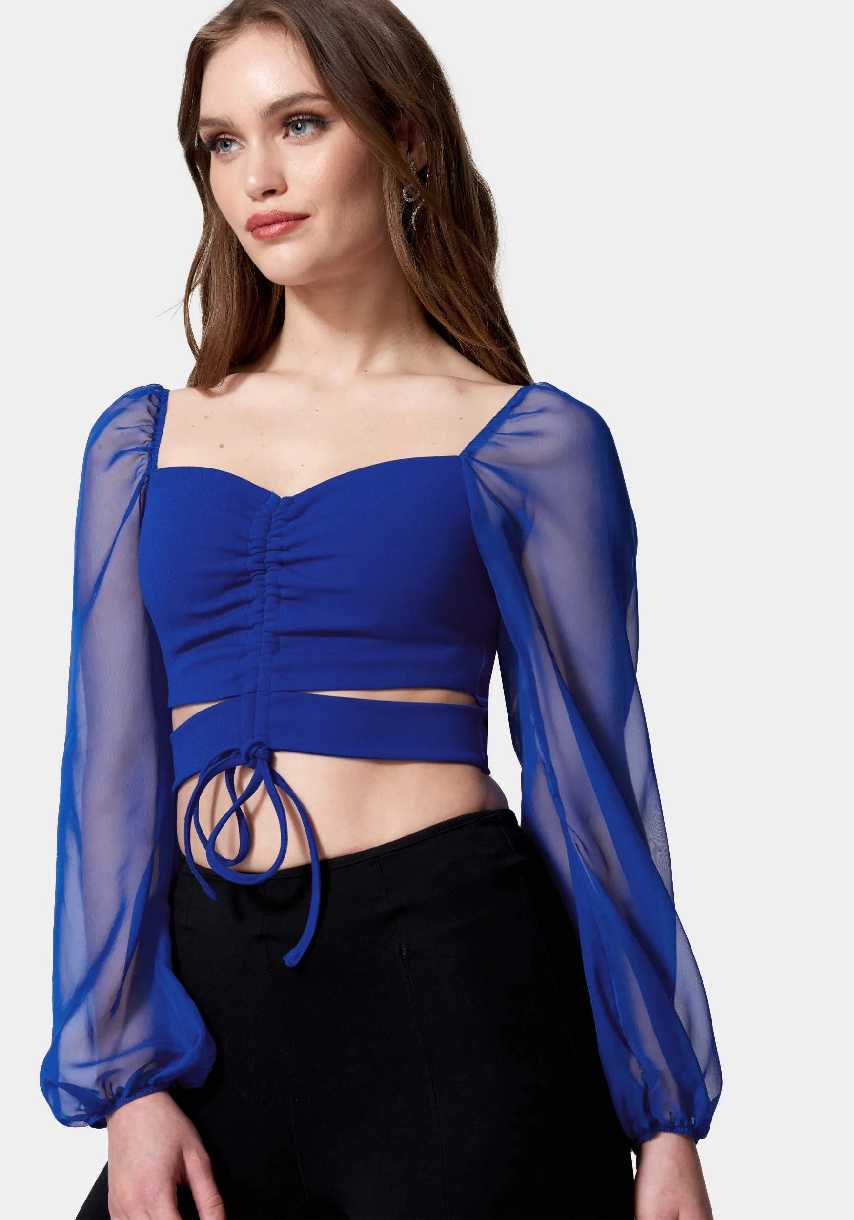 Chiffon Sleeve Ruched Front Knit Top