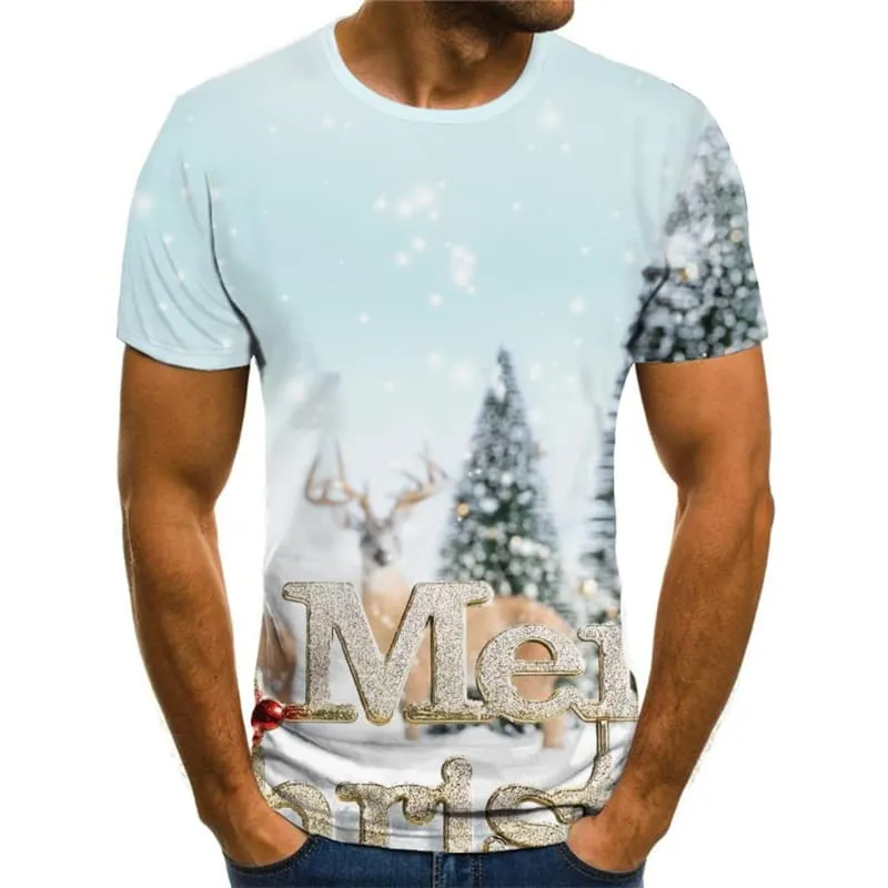 Christmas T-shirt Men Deer T-shirts Graphic Animal Shirt Print Christmas Tree Tshirt Anime