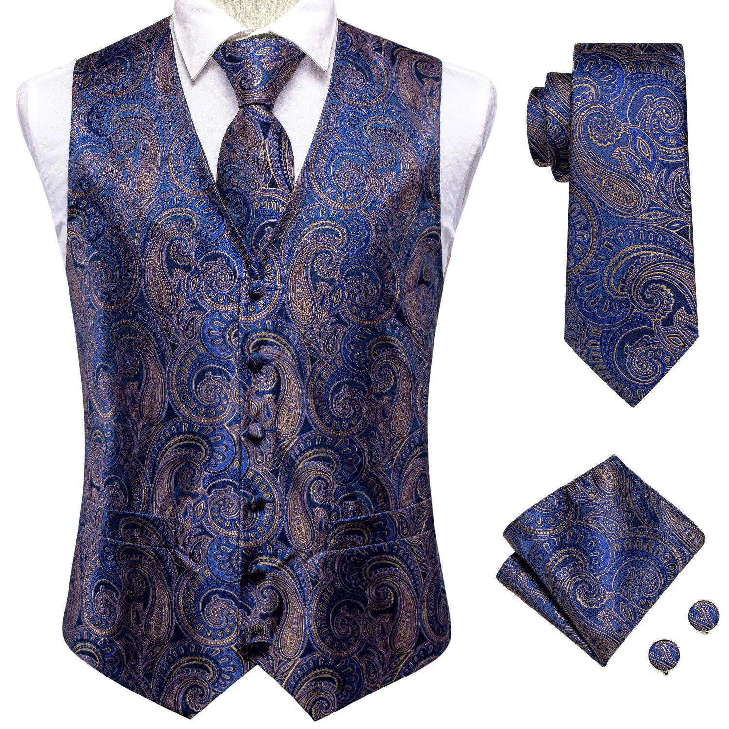 Classic Blue Golden Paisley Silk Men's Vest Hanky Cufflinks Tie Set Waistcoat Suit Set