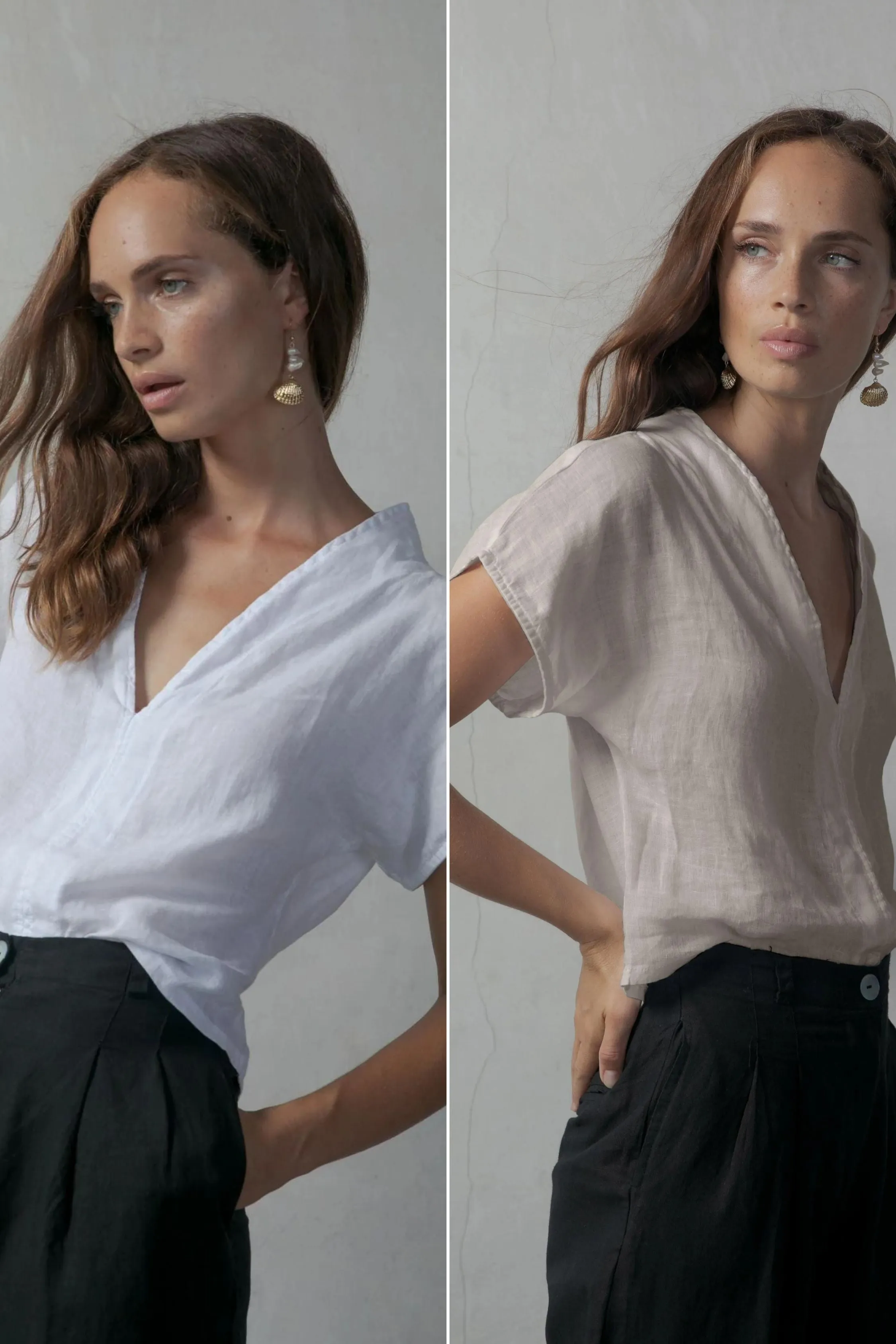 Collo Alto Linen Top White   Oatmeal