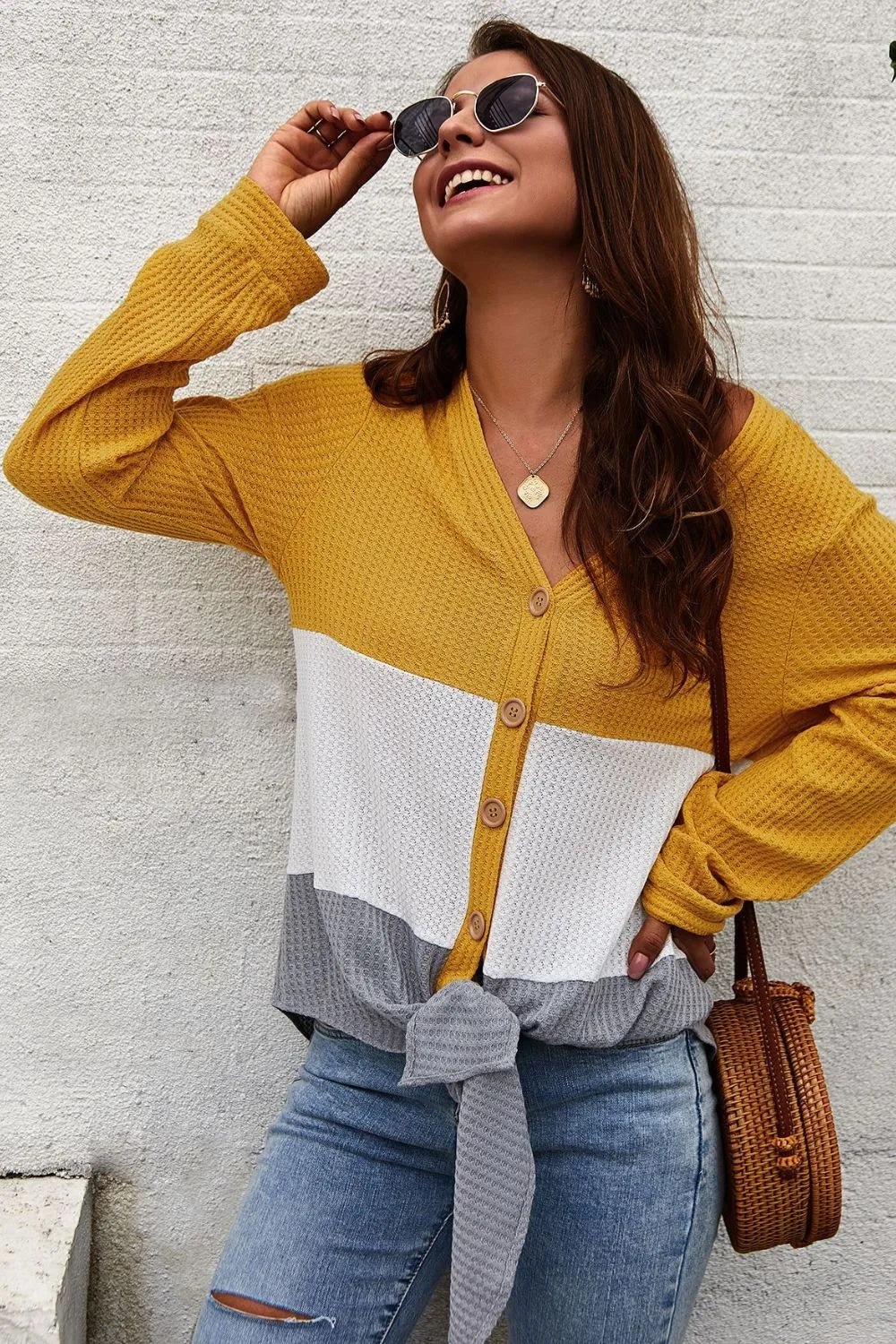 Color Block Waffle Knit V-Neck Top