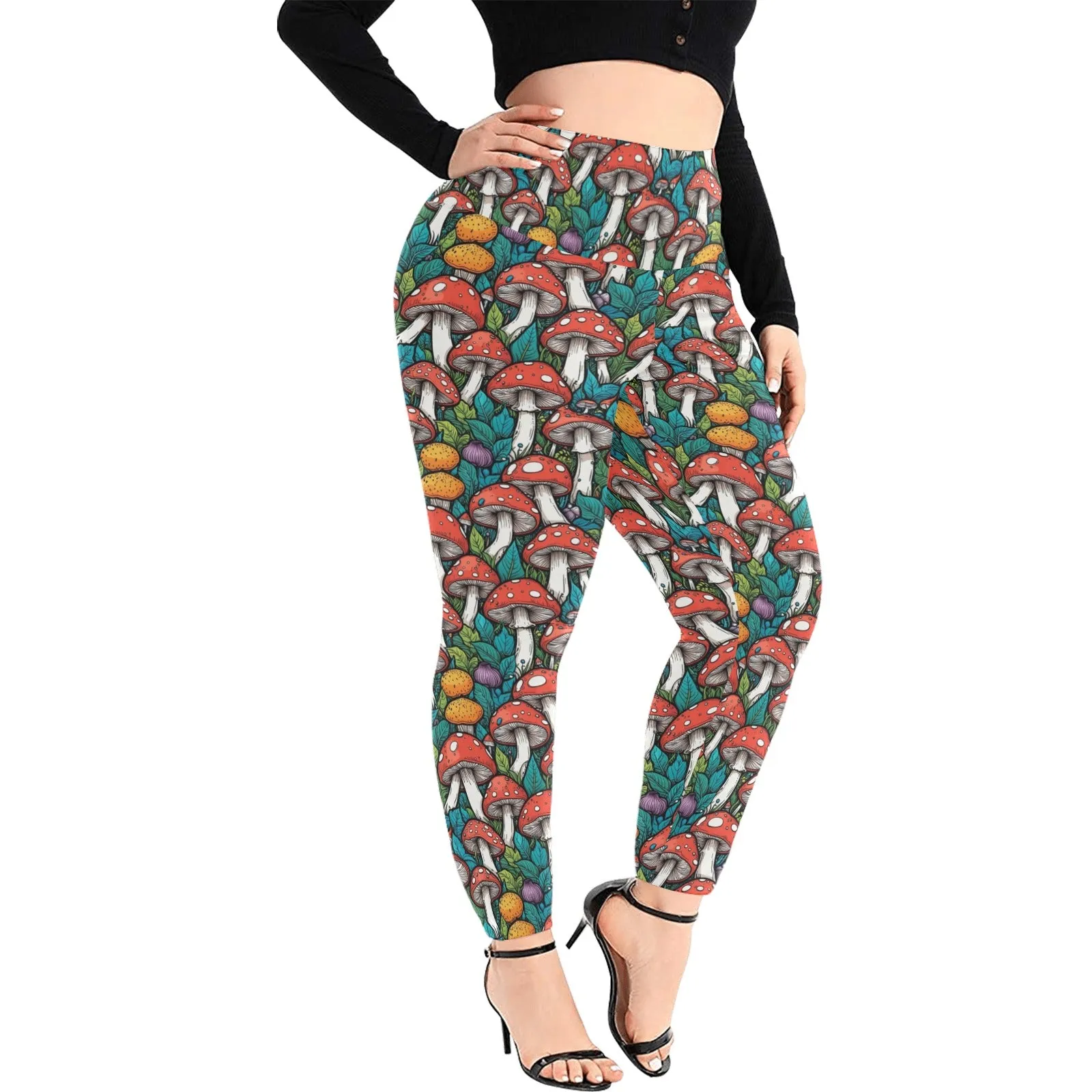 Colored Mushrooms Women's Plus Size High Waited Leggings Women's High Waist Leggings(Plus Size)(ModelL45)