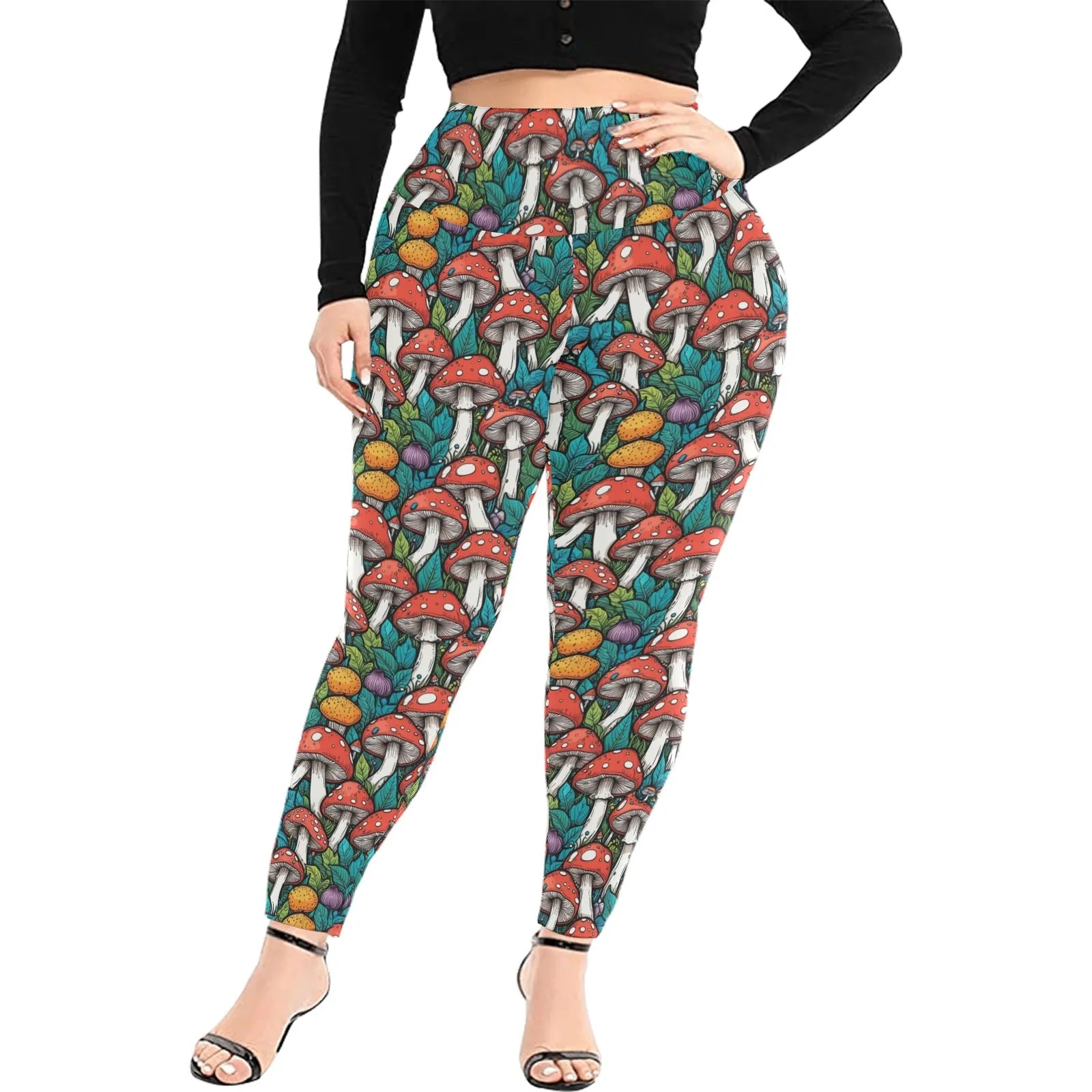 Colored Mushrooms Women's Plus Size High Waited Leggings Women's High Waist Leggings(Plus Size)(ModelL45)