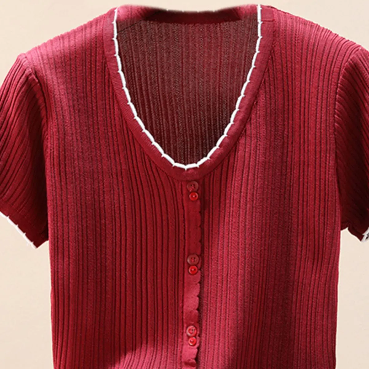 Contrast Decorative Button Short Sleeve Knit Top