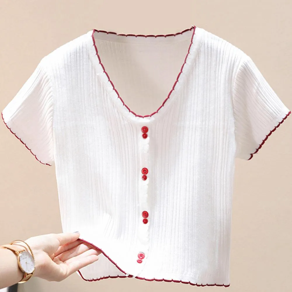 Contrast Decorative Button Short Sleeve Knit Top