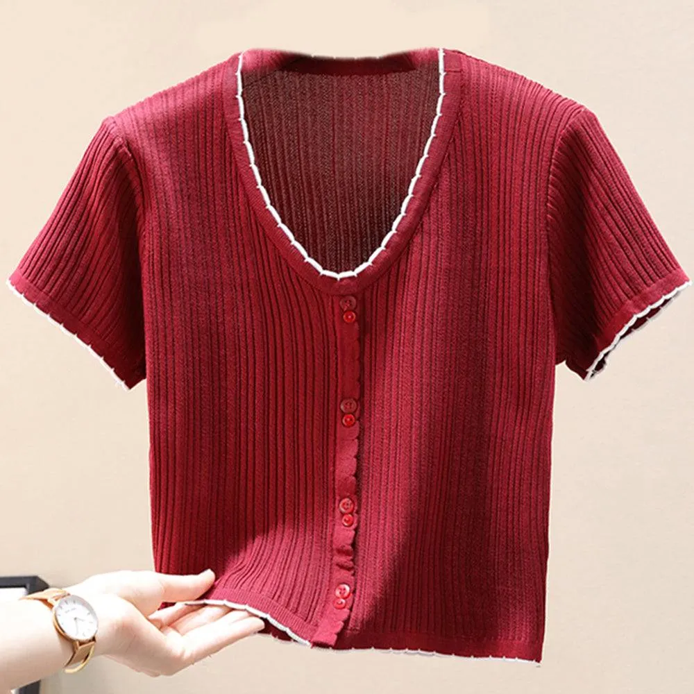 Contrast Decorative Button Short Sleeve Knit Top