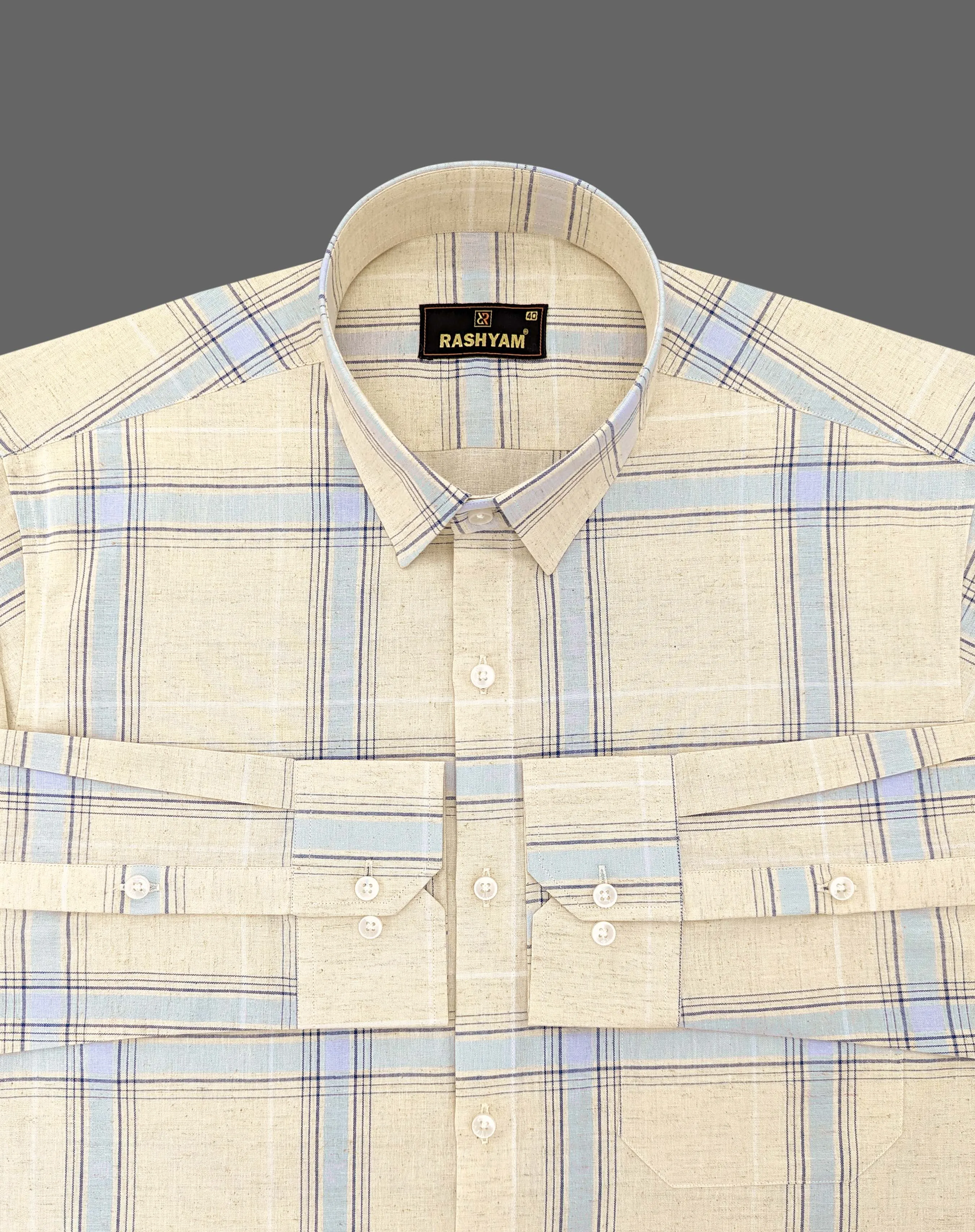 Cream And Light Blue Checks Luxurious Italian Linen Cotton Shirt