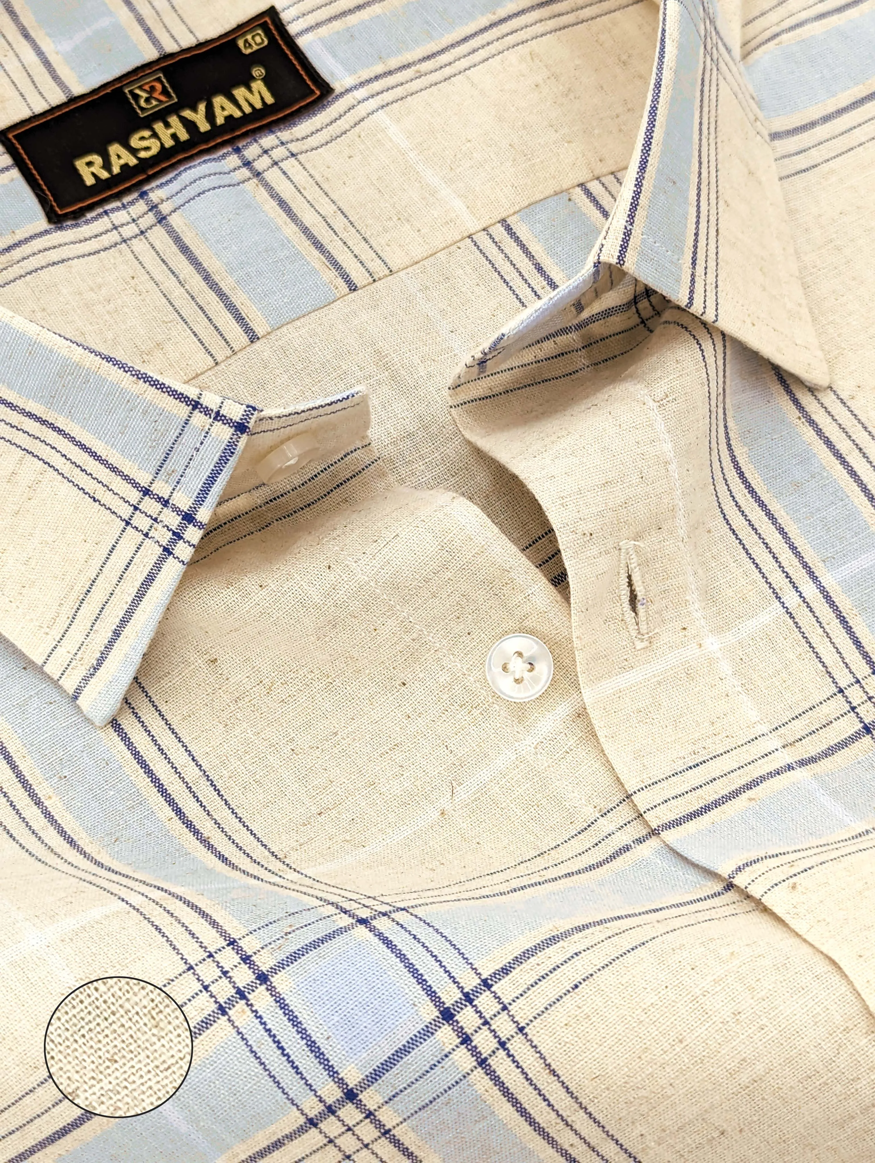 Cream And Light Blue Checks Luxurious Italian Linen Cotton Shirt