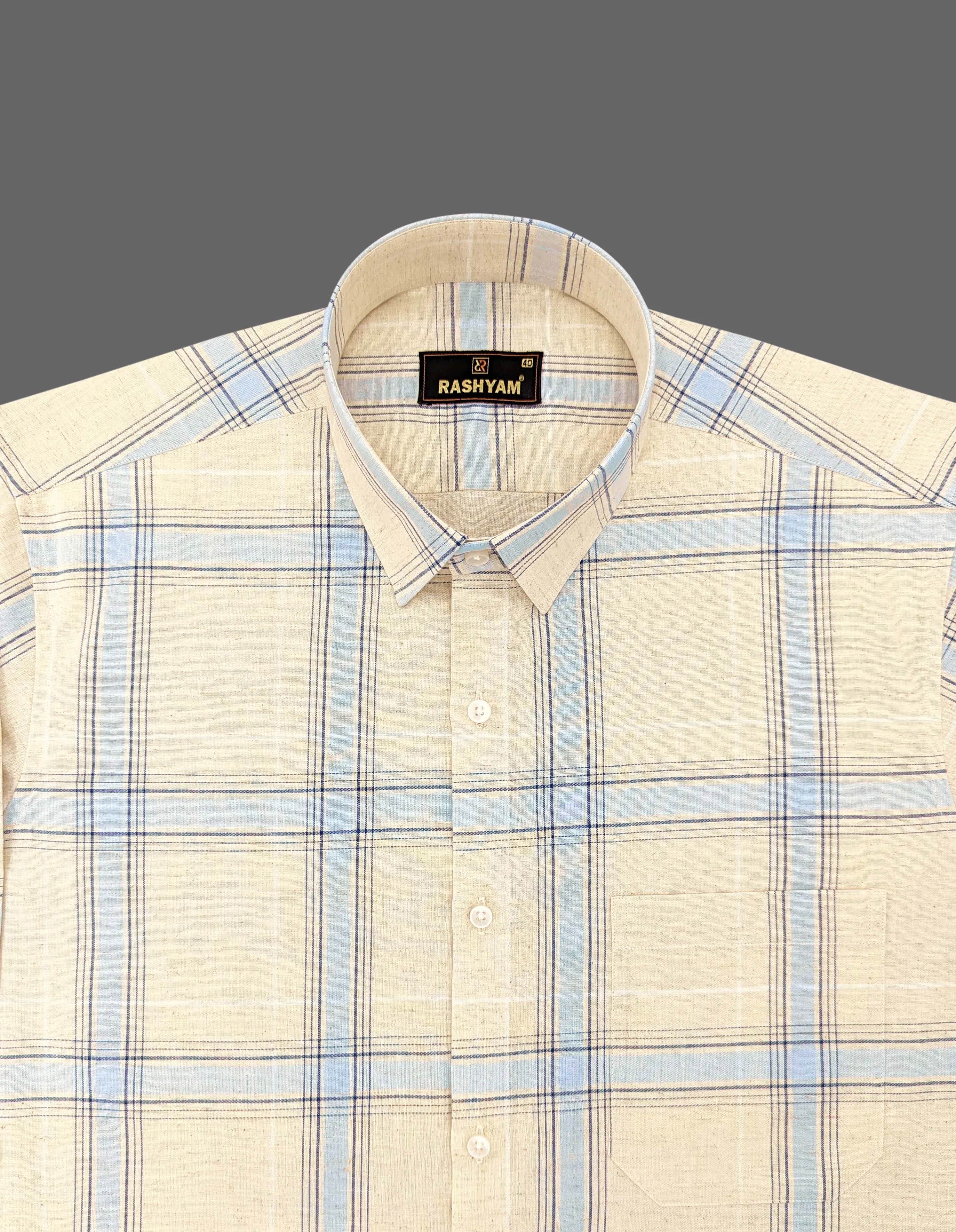 Cream And Light Blue Checks Luxurious Italian Linen Cotton Shirt