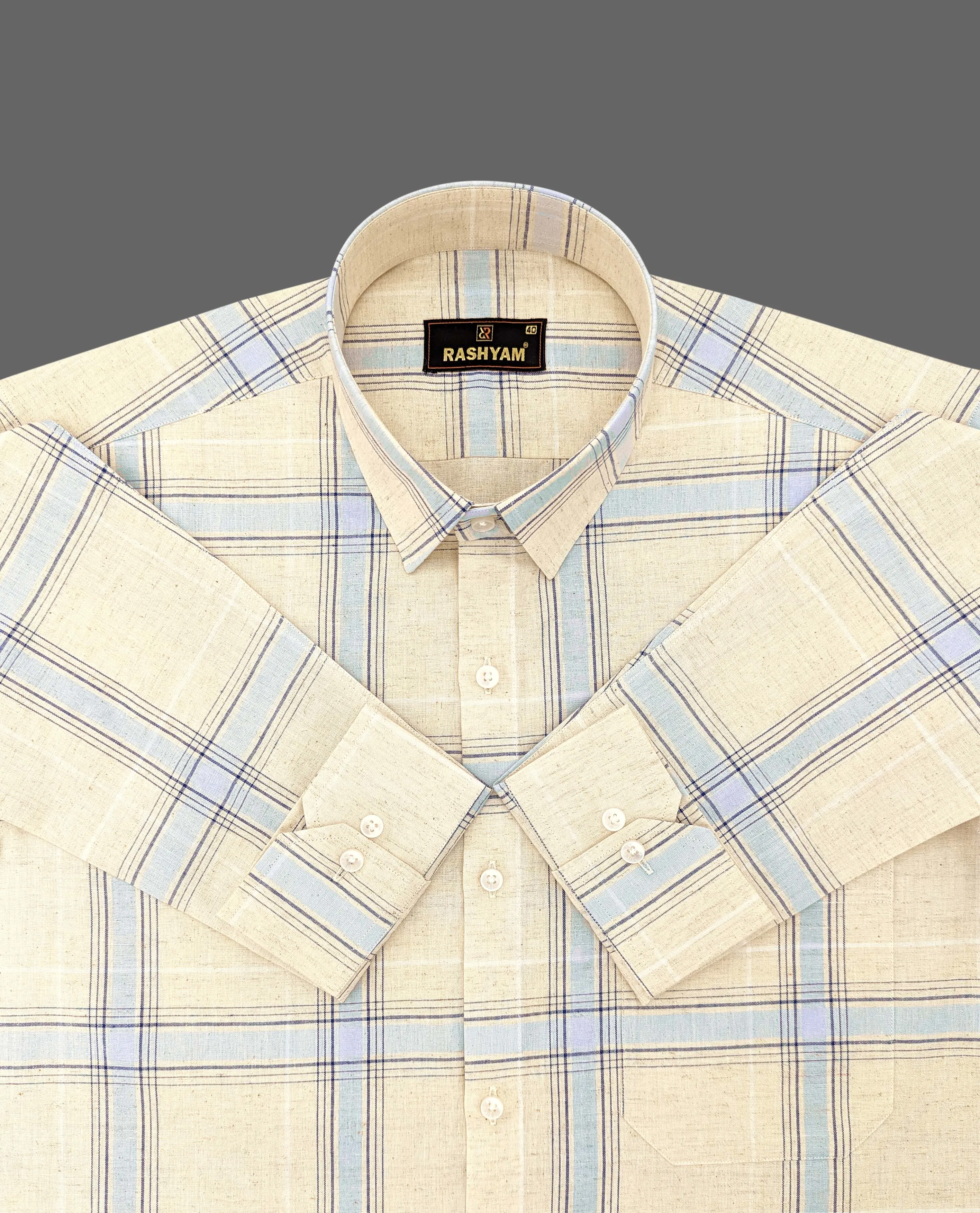 Cream And Light Blue Checks Luxurious Italian Linen Cotton Shirt