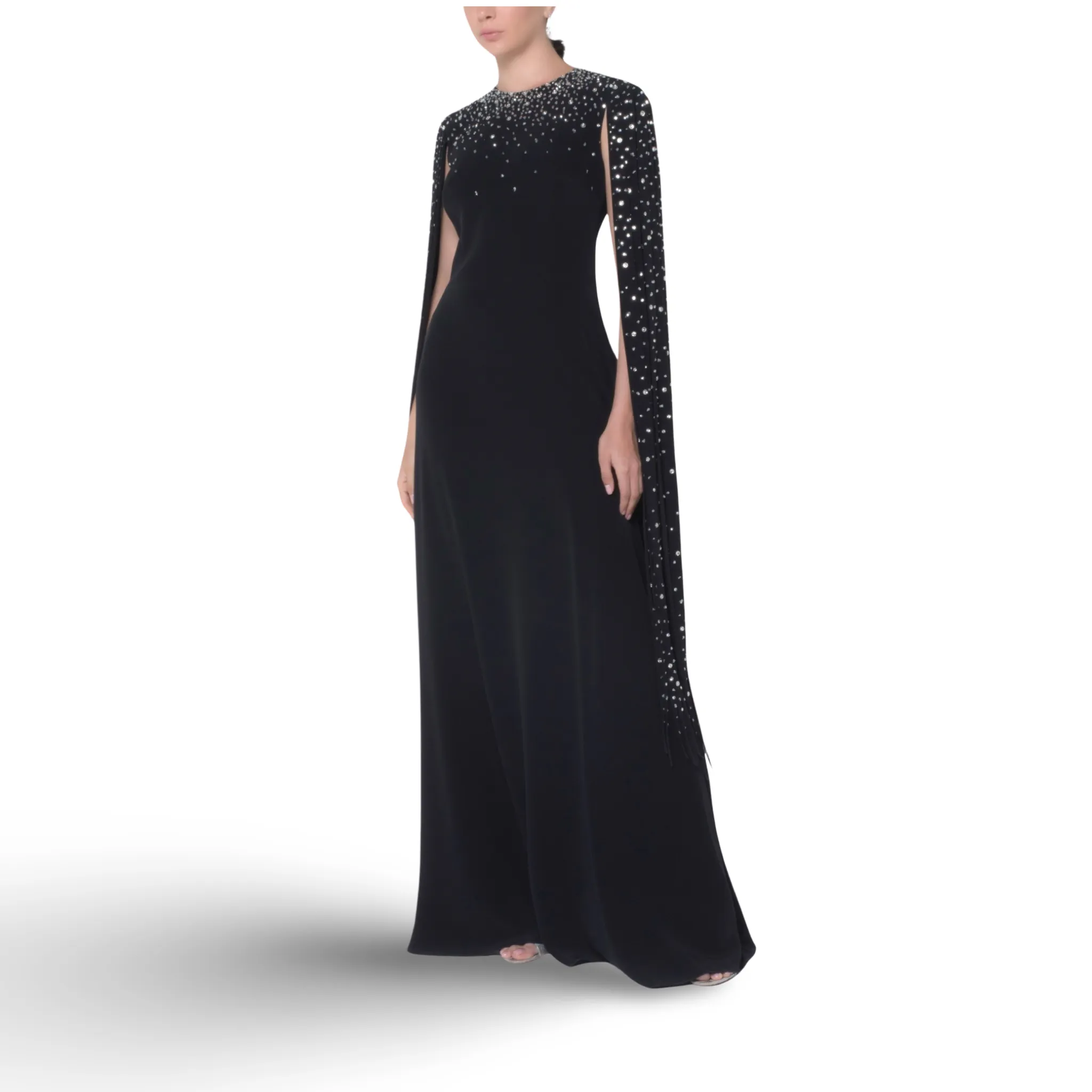 Crepe Dress With Beaded Bodice & Long Paneled Sleeves