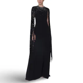 Crepe Dress With Beaded Bodice & Long Paneled Sleeves