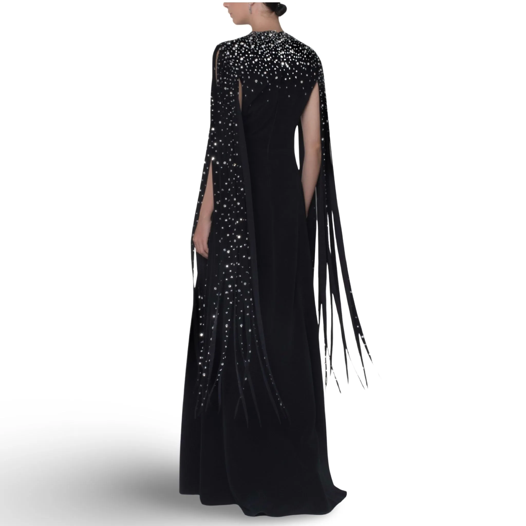 Crepe Dress With Beaded Bodice & Long Paneled Sleeves