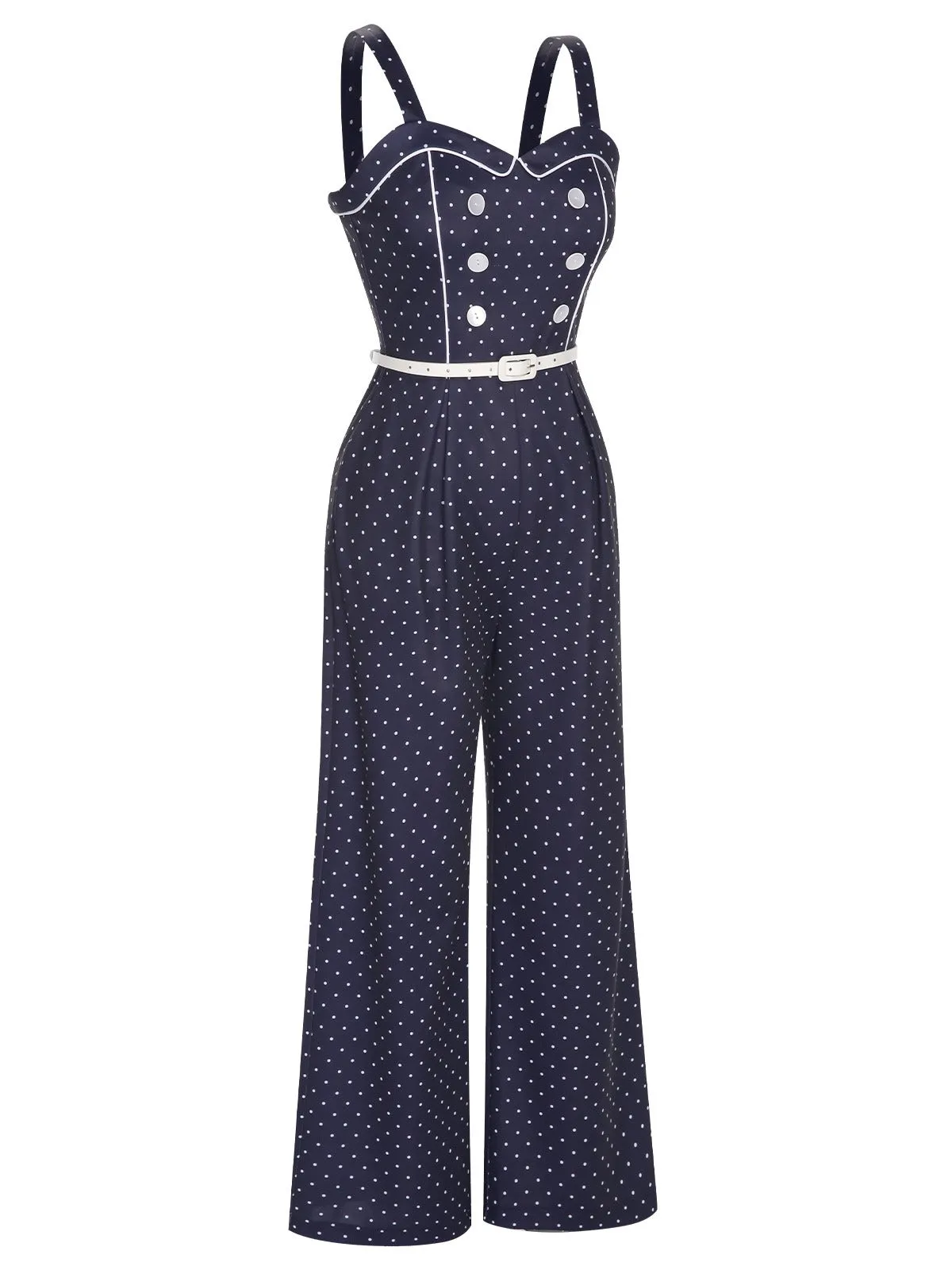 Dark Blue 1930s Polka Dots Straps Jumpsuit