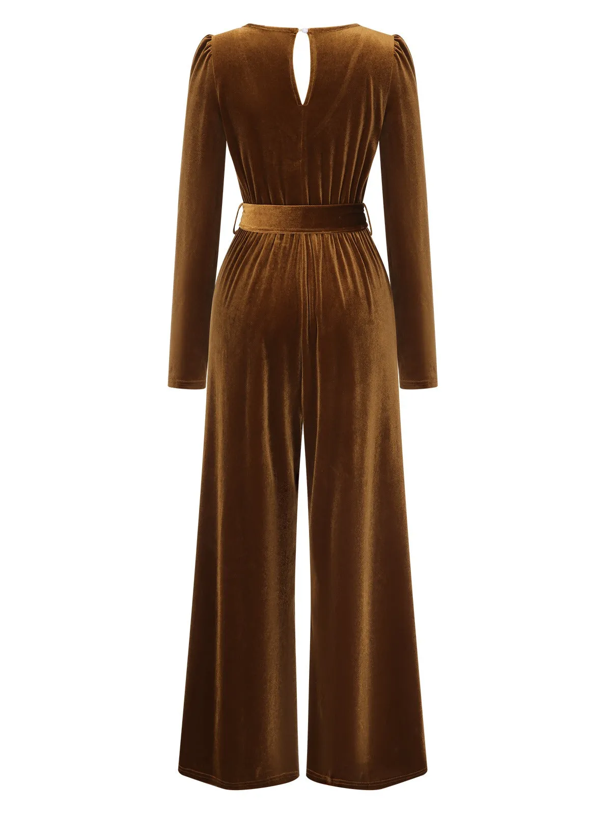 Dark Brown 1930s Solid V-Neck Velvet Jumpsuit