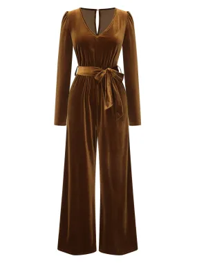 Dark Brown 1930s Solid V-Neck Velvet Jumpsuit