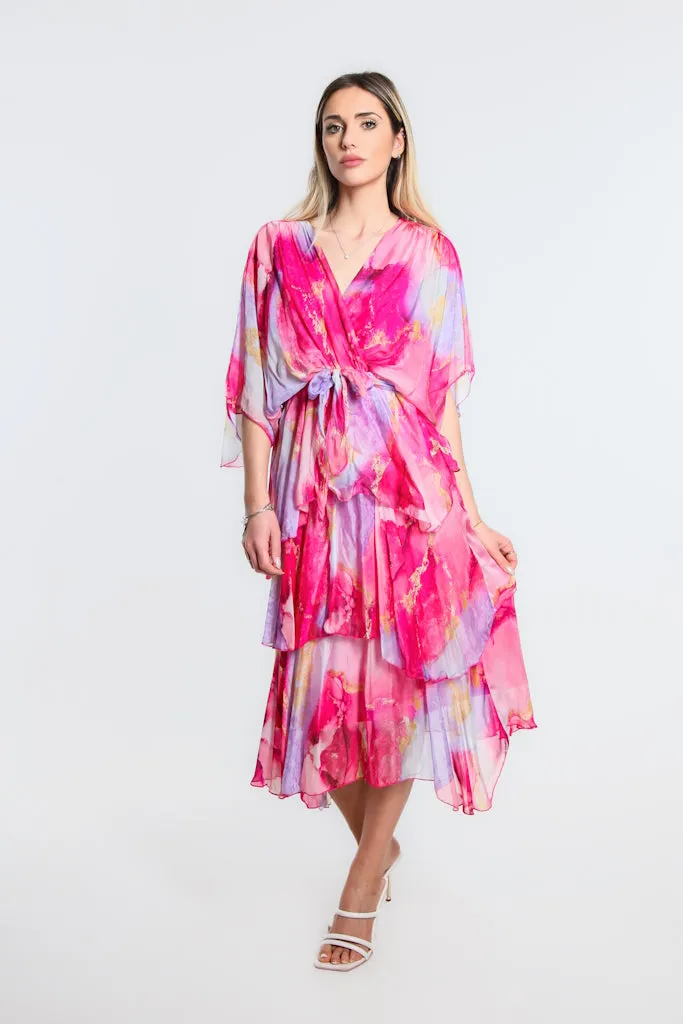 Dawn Abstract Watercolor Cross Front Silk Ruffle Dress (DLS202W)